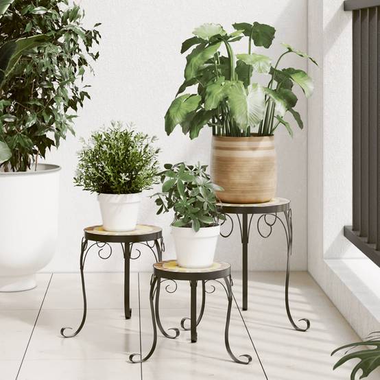 Lot de 3 Supports de Fleurs Gigognes en Fer et Céramique Mosaïque pour Balcon Terre Cuite et Blanc – ComfortXL Outdoor Living - Image 1