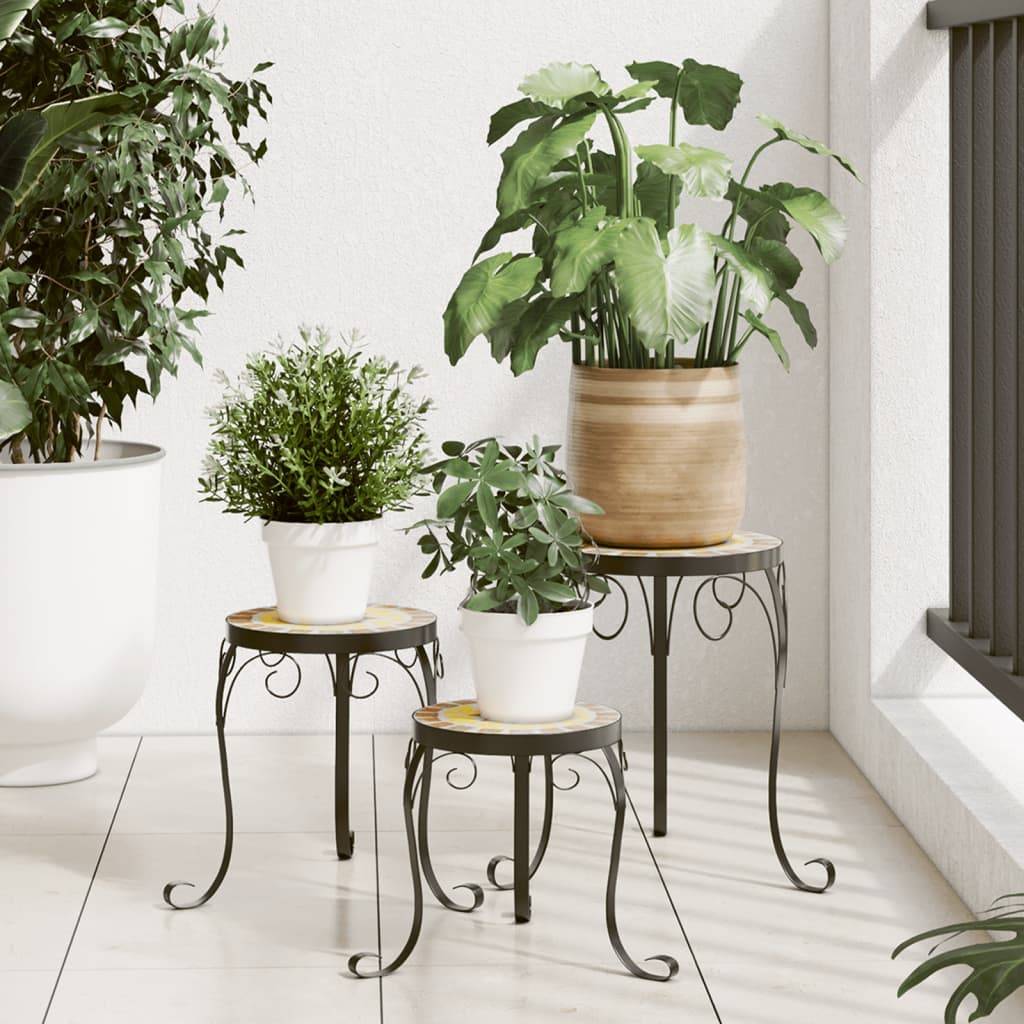 Lot de 3 Supports de Fleurs Gigognes en Fer et Céramique Mosaïque pour Balcon Terre Cuite et Blanc – ComfortXL Outdoor Living - Image 1