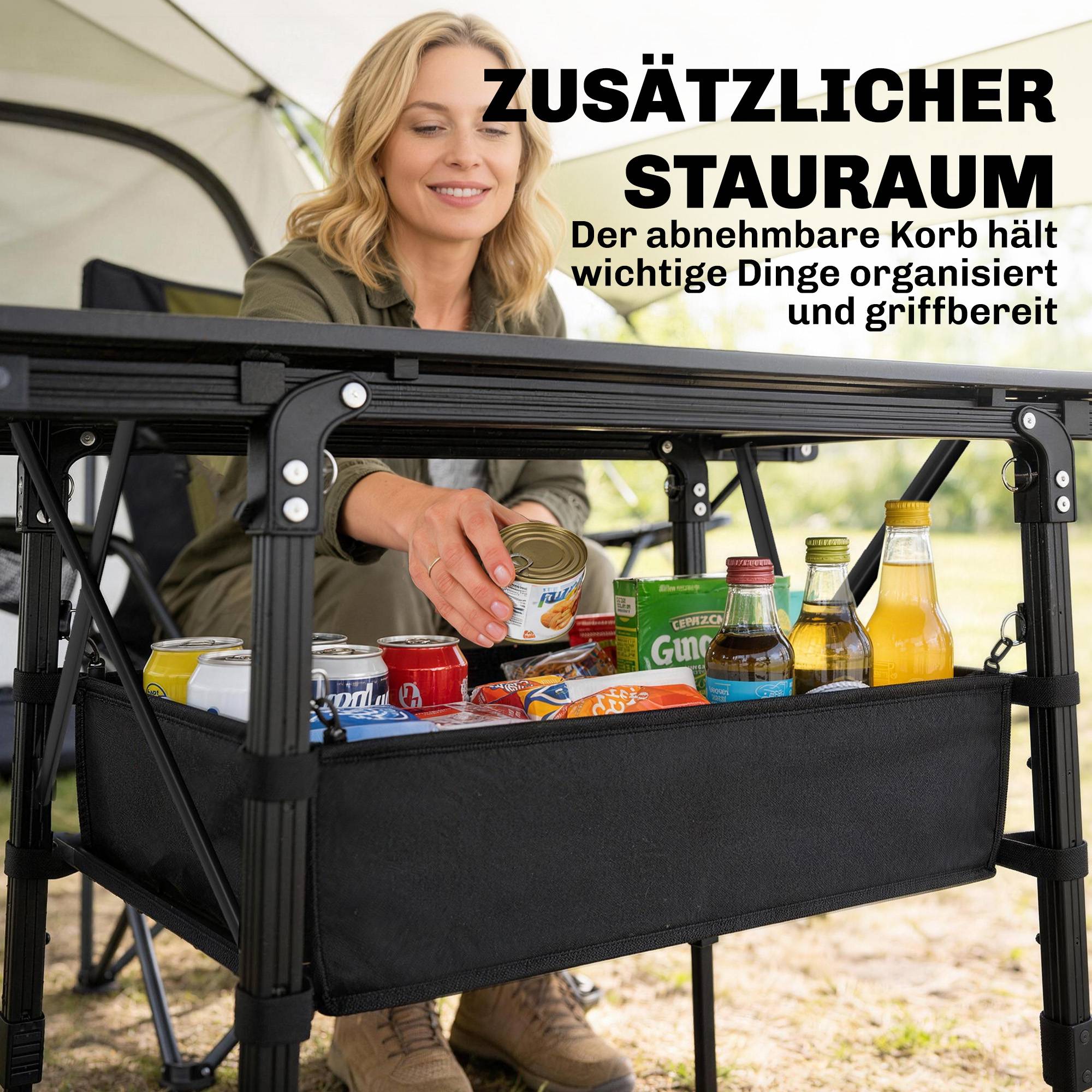Table de camping pliante aluminium avec panier de rangement réglable noir 90x55cm - ComfortXL Outdoor Living - Image 7