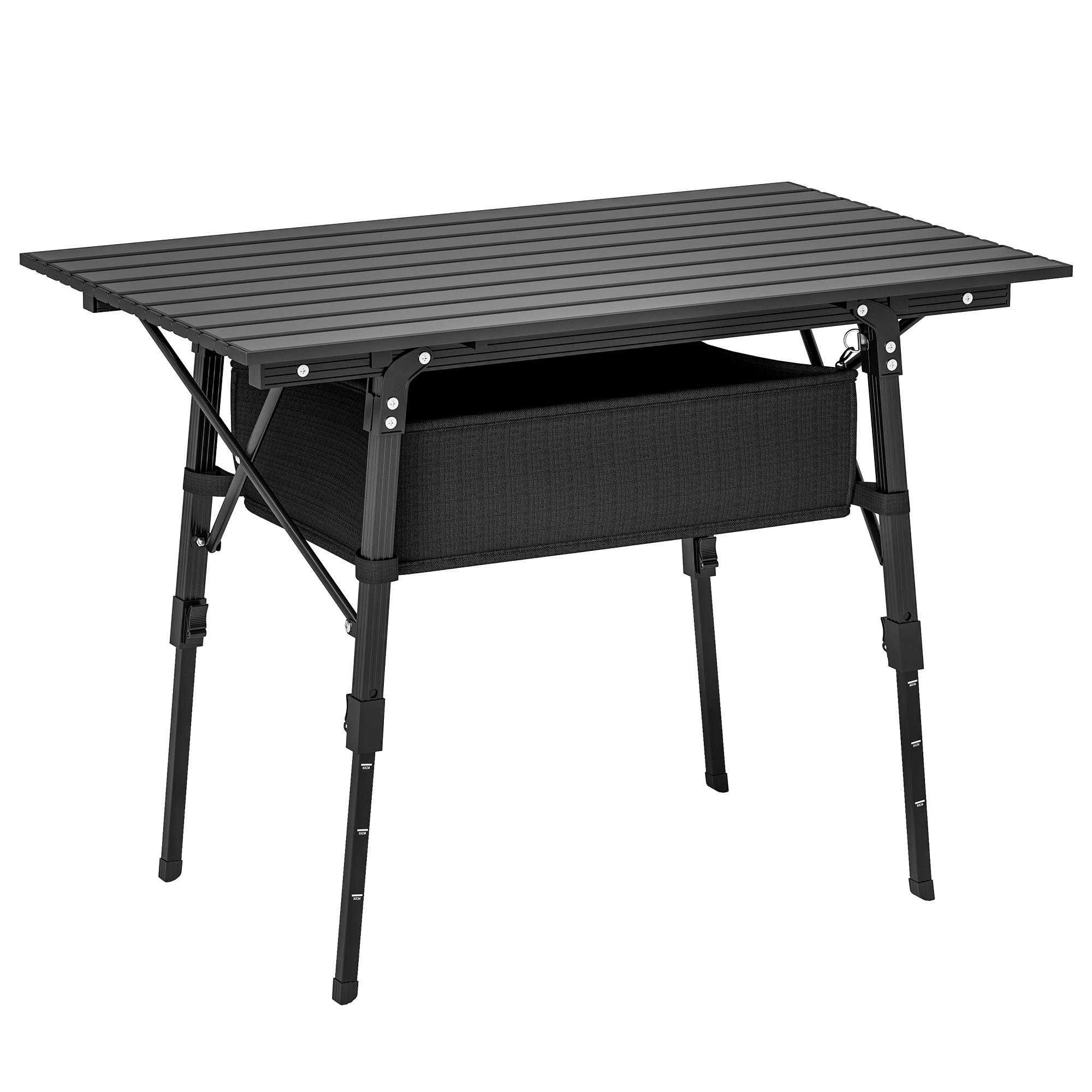 Table de camping pliante aluminium avec panier de rangement réglable noir 90x55cm - ComfortXL Outdoor Living - Image 1