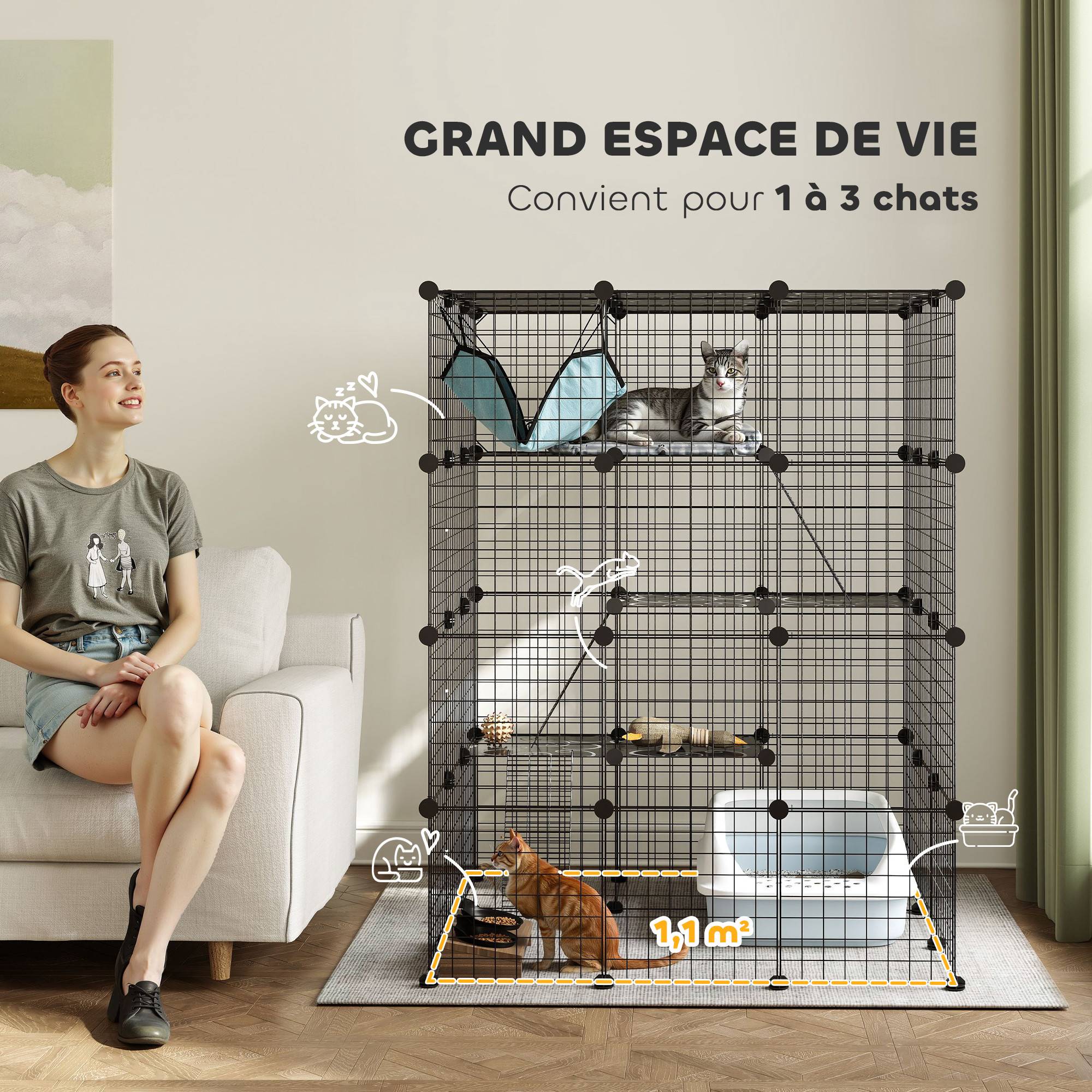 Clôture pour animaux domestiques lapin enclos intérieur 4 niveaux modulable panneaux grillagés 105 x 105 x 140 cm noir - Image 6