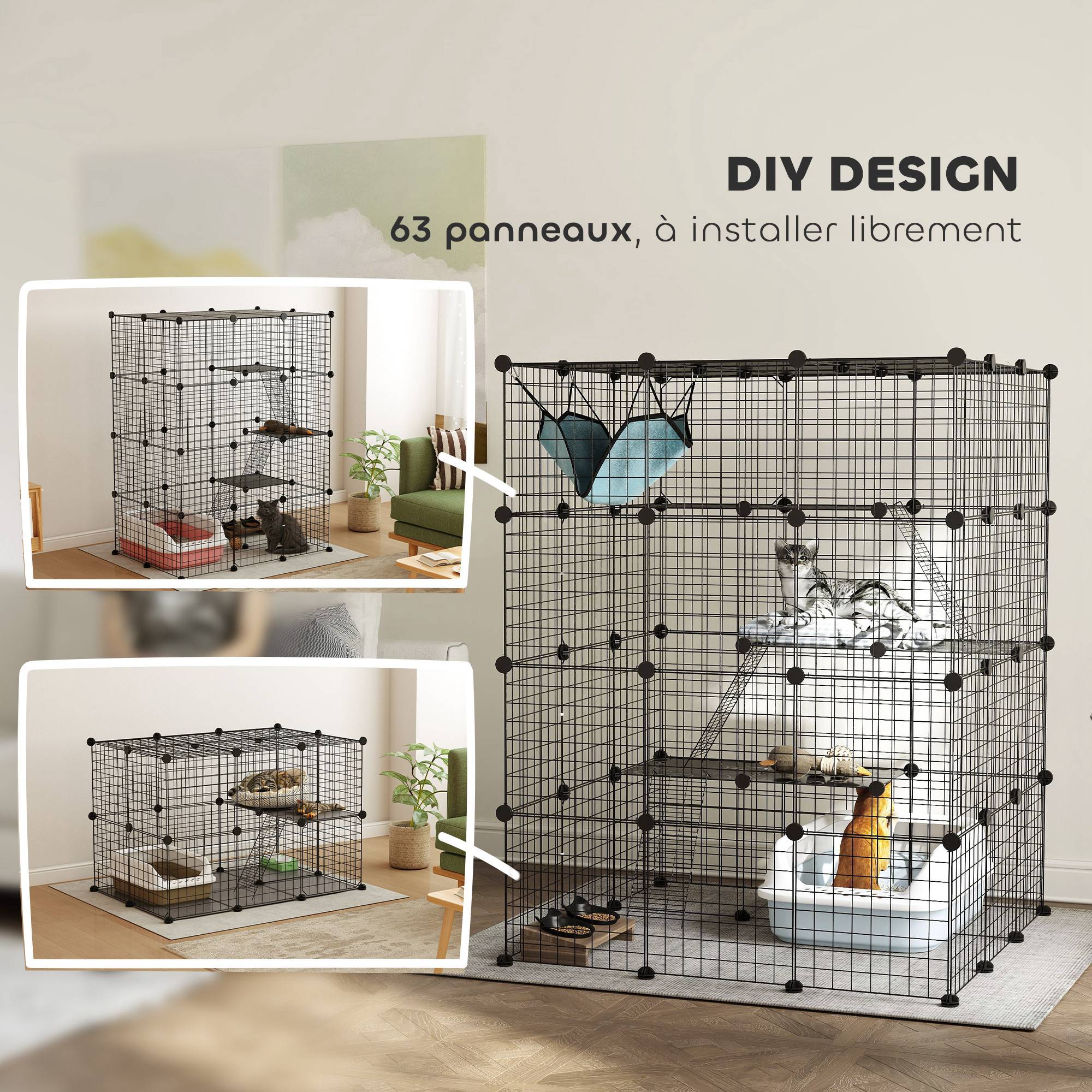 Clôture pour animaux domestiques lapin enclos intérieur 4 niveaux modulable panneaux grillagés 105 x 105 x 140 cm noir - Image 7
