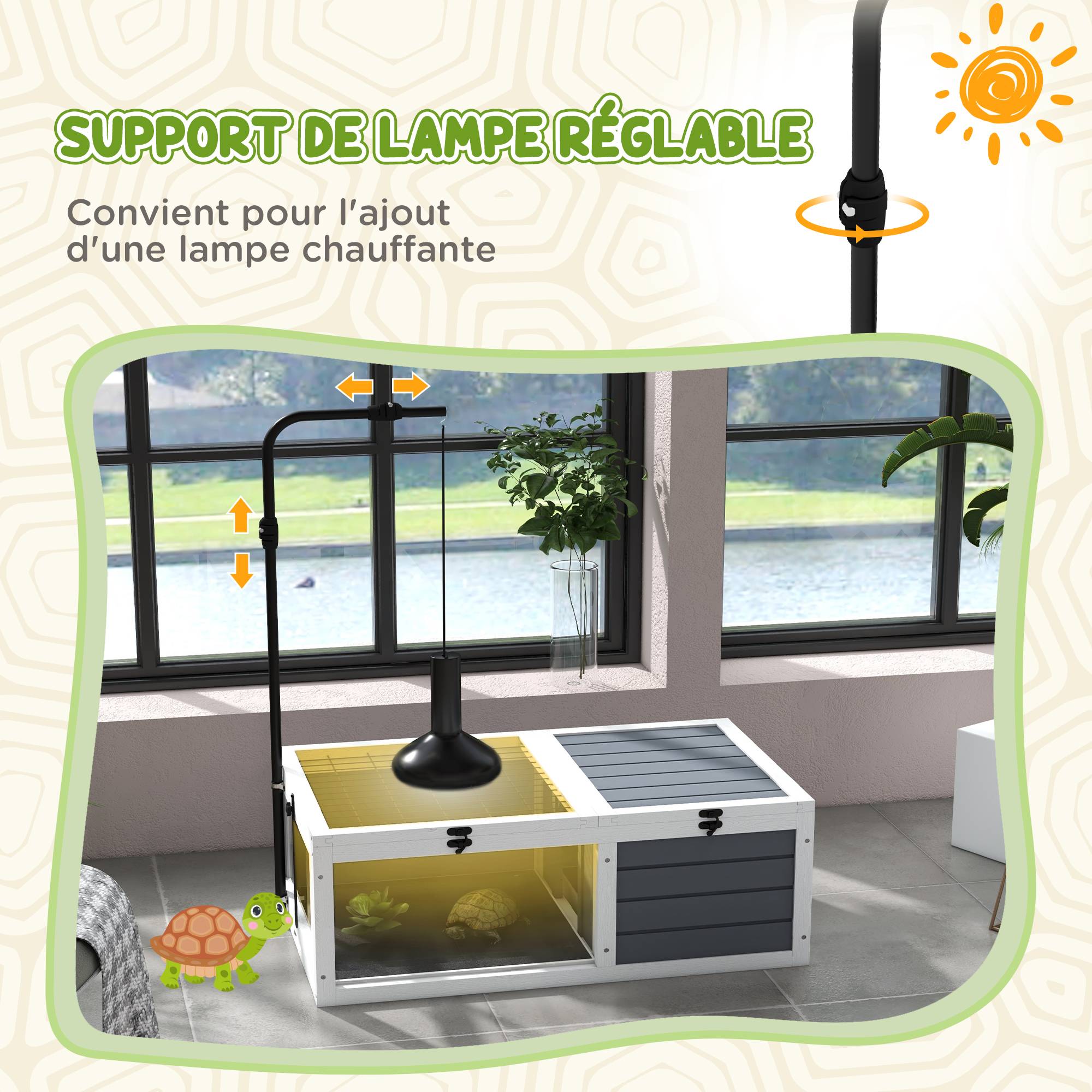 Maison enclos cage pour petit animal tortue avec 2 espaces support de lampe réglable 81 x 48 x 31,5 cm gris - Image 7