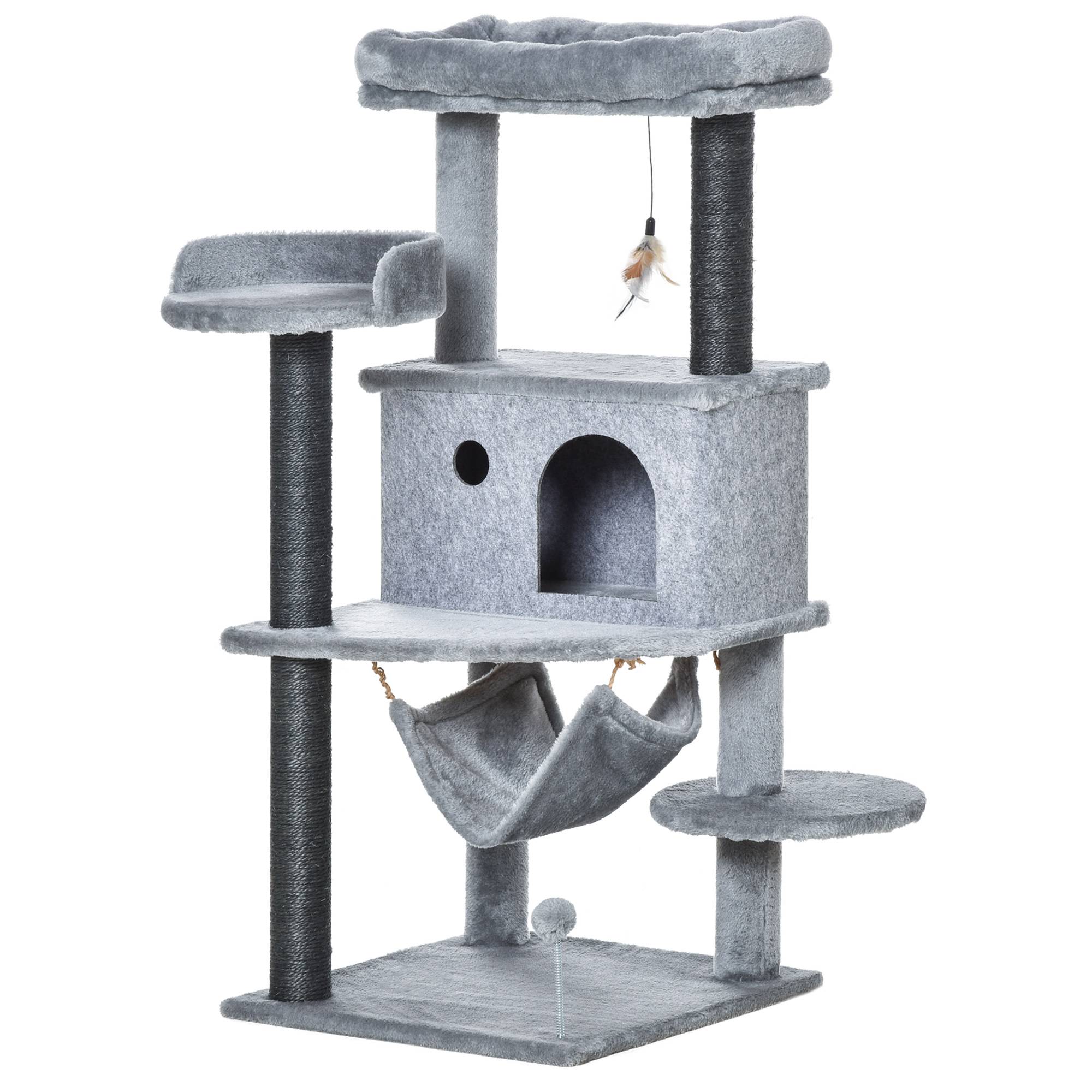 Sans Marque - Arbre à chat niche couchage hamac jouets bois peluche chat intérieur 48 x 48 x 107 cm gris - Image 1