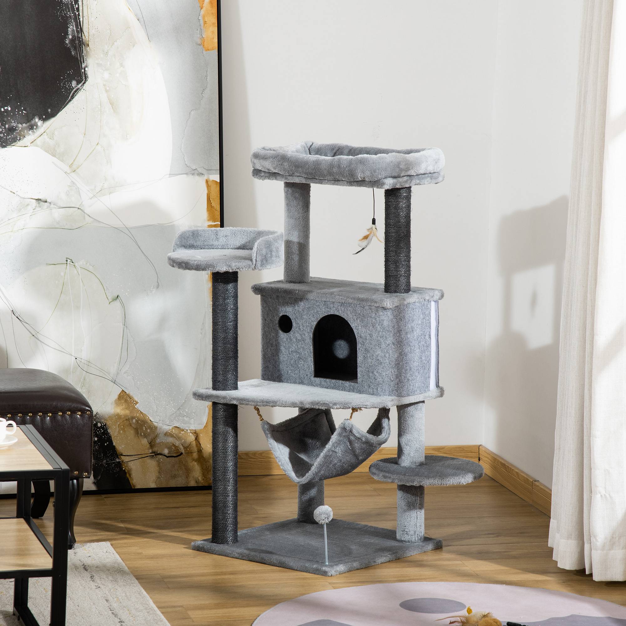 Sans Marque - Arbre à chat niche couchage hamac jouets bois peluche chat intérieur 48 x 48 x 107 cm gris - Image 4