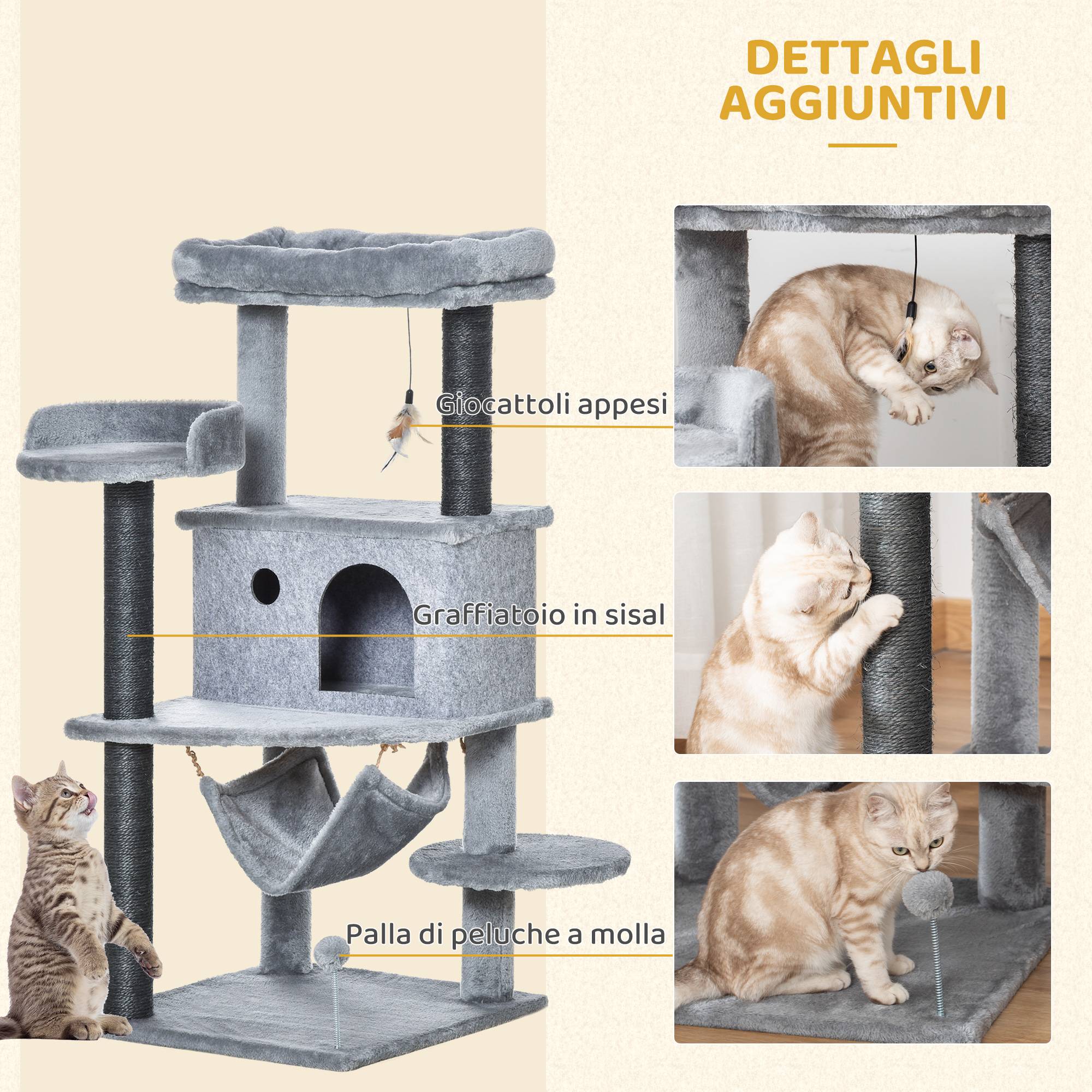 Sans Marque - Arbre à chat niche couchage hamac jouets bois peluche chat intérieur 48 x 48 x 107 cm gris - Image 7
