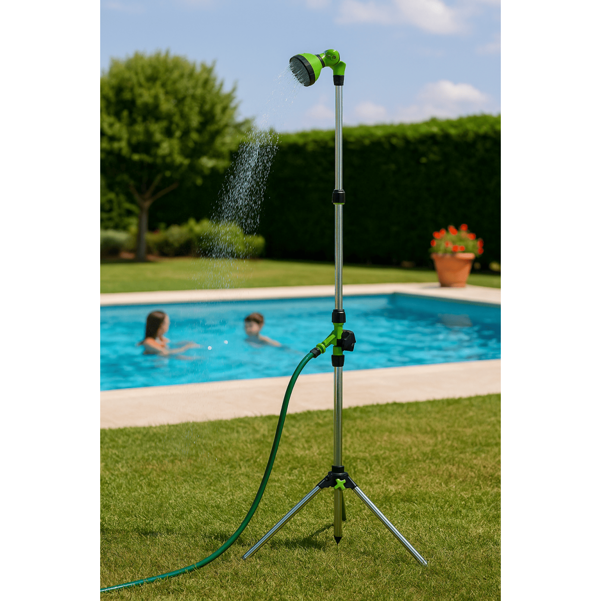Douche Extérieure avec trépied 1,90m - Douche de Camping Portable Pommeau pivotant, Raccord Tuyau Arrosage Ø16 mm IRIS GARDEN - Image 4