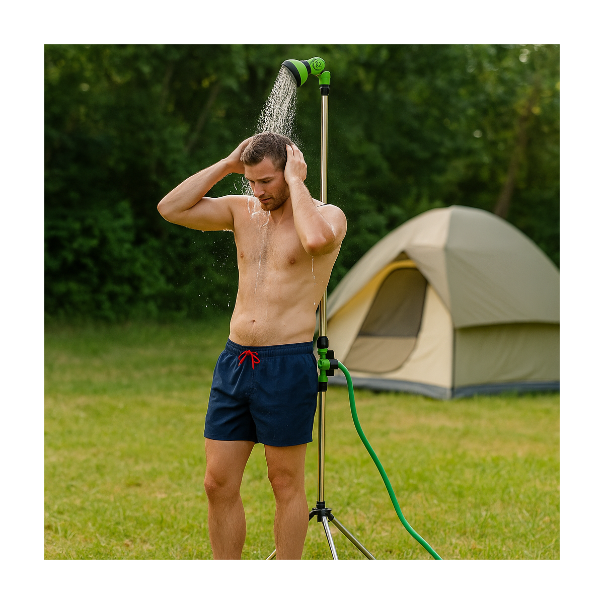 Douche Extérieure avec trépied 1,90m - Douche de Camping Portable Pommeau pivotant, Raccord Tuyau Arrosage Ø16 mm IRIS GARDEN - Image 2