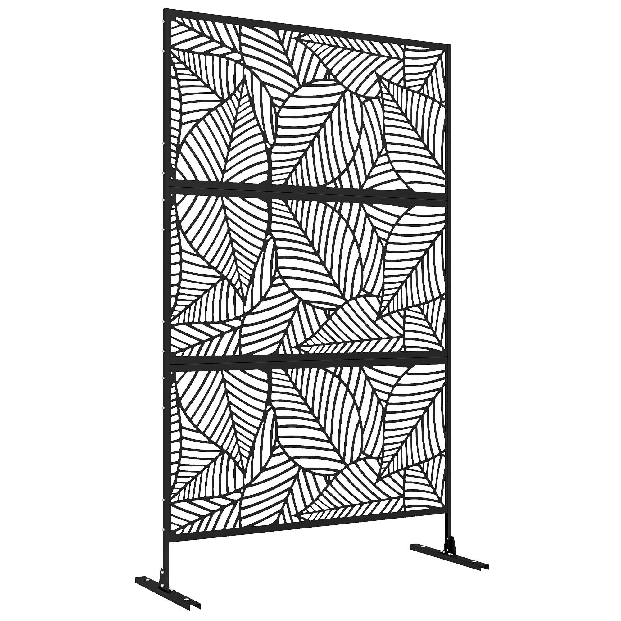 Paravent 3 panneaux 122 x 198 cm sur pied, motif grandes feuilles, noir - Image 1