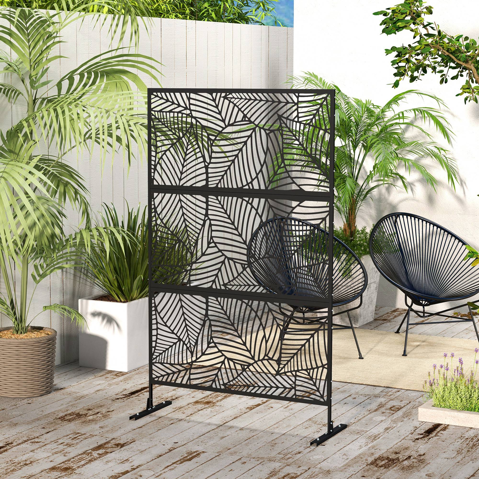 Paravent 3 panneaux 122 x 198 cm sur pied, motif grandes feuilles, noir - Image 4