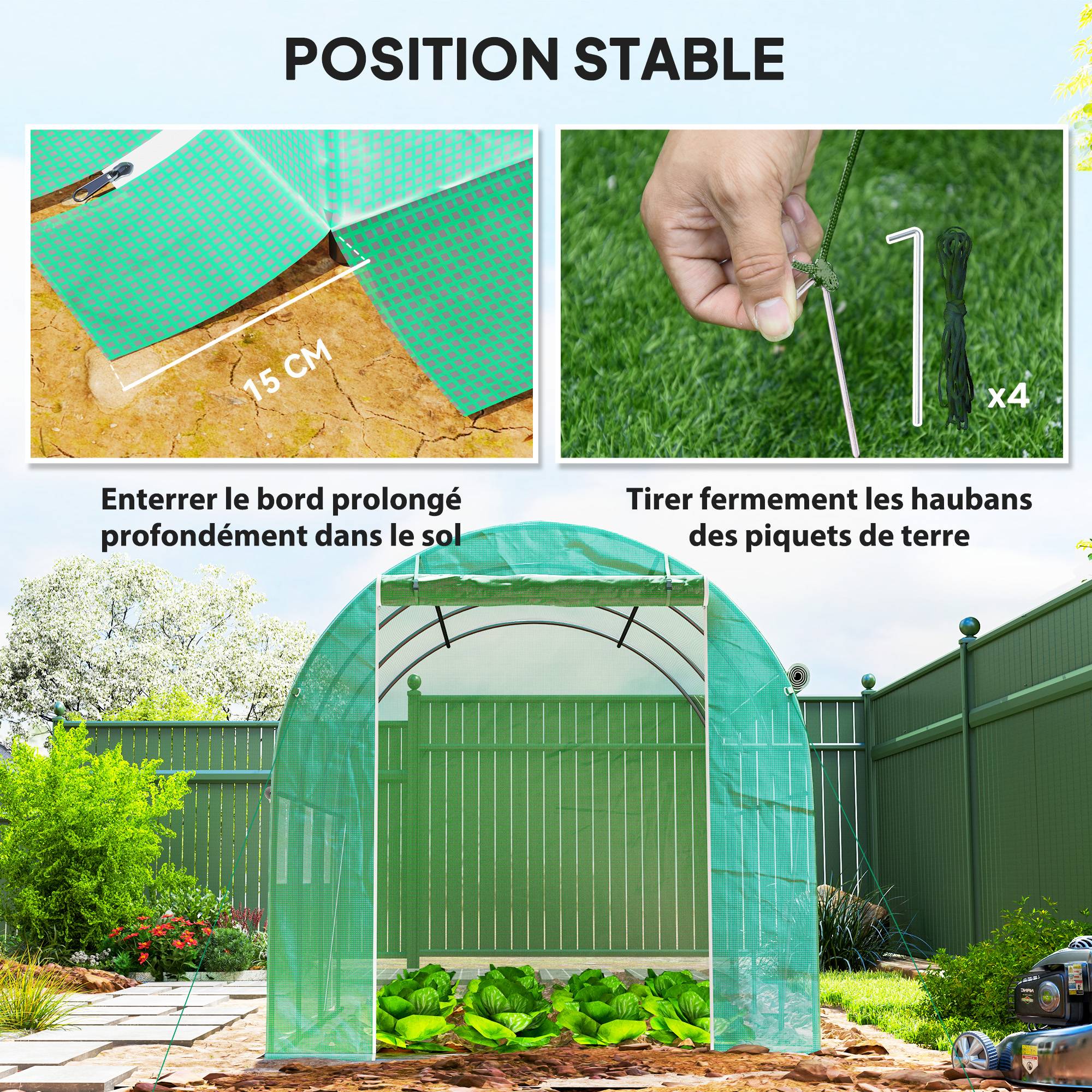 Outsunny - Serre de jardin 3x2m 6m² 1 porte, 2 parois latérales zippées enroulables, 6 fenêtres acier galvanisé PE haute densité 140g/m² Anti-UV vert - Outsunny - Image 8