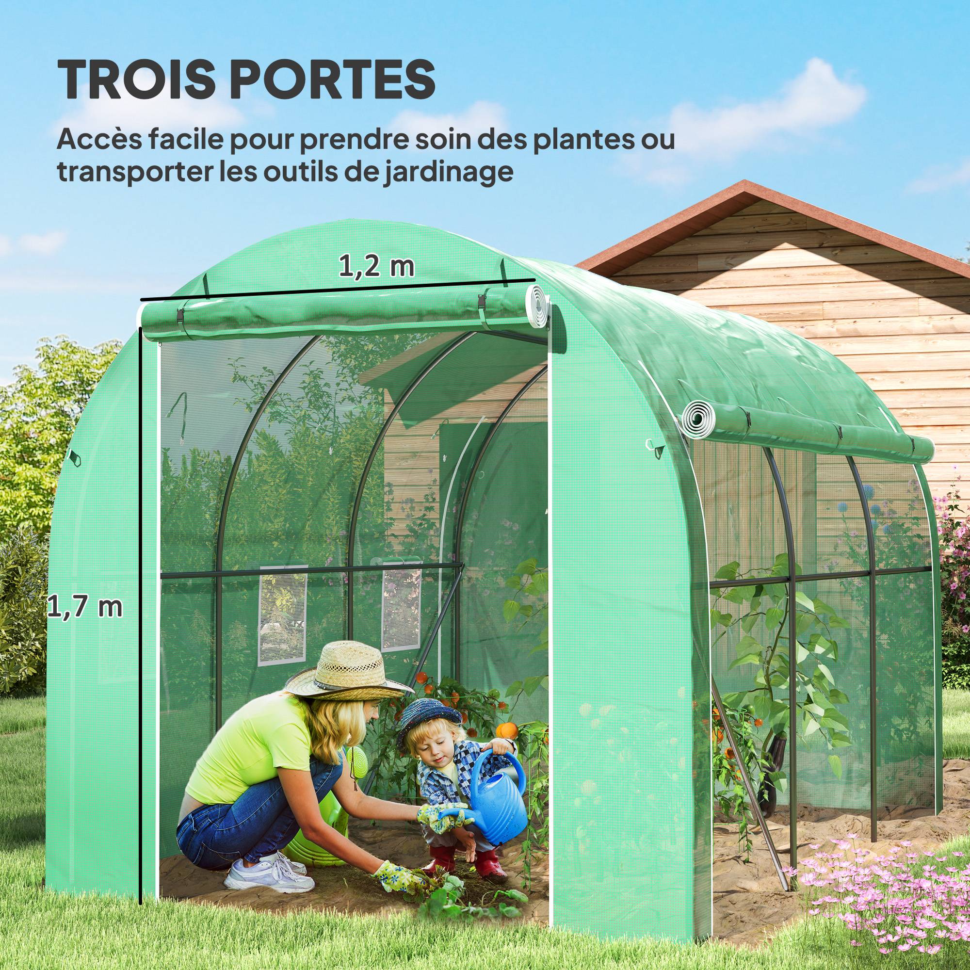 Outsunny - Serre de jardin 3x2m 6m² 1 porte, 2 parois latérales zippées enroulables, 6 fenêtres acier galvanisé PE haute densité 140g/m² Anti-UV vert - Outsunny - Image 7