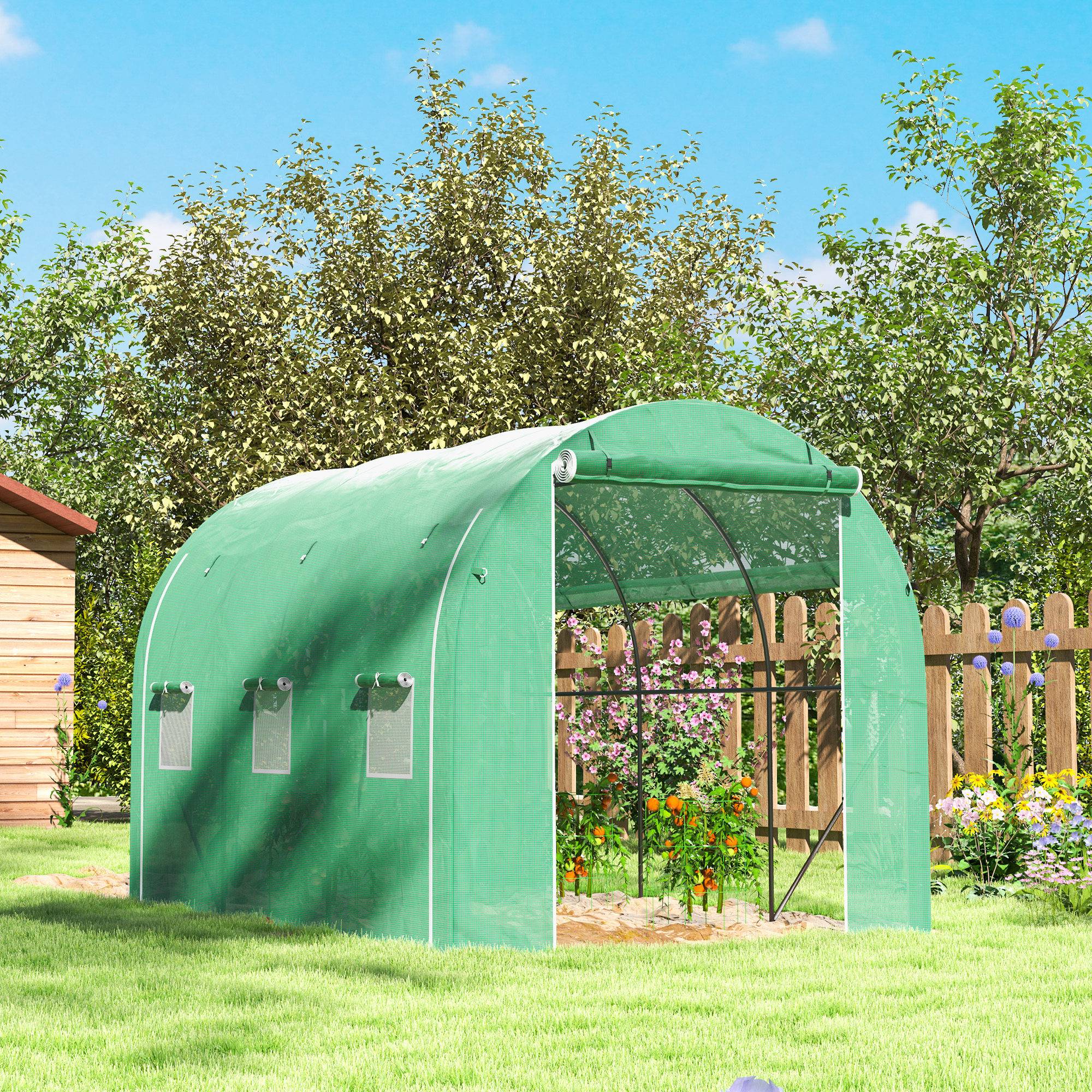 Outsunny - Serre de jardin 3x2m 6m² 1 porte, 2 parois latérales zippées enroulables, 6 fenêtres acier galvanisé PE haute densité 140g/m² Anti-UV vert - Outsunny - Image 2