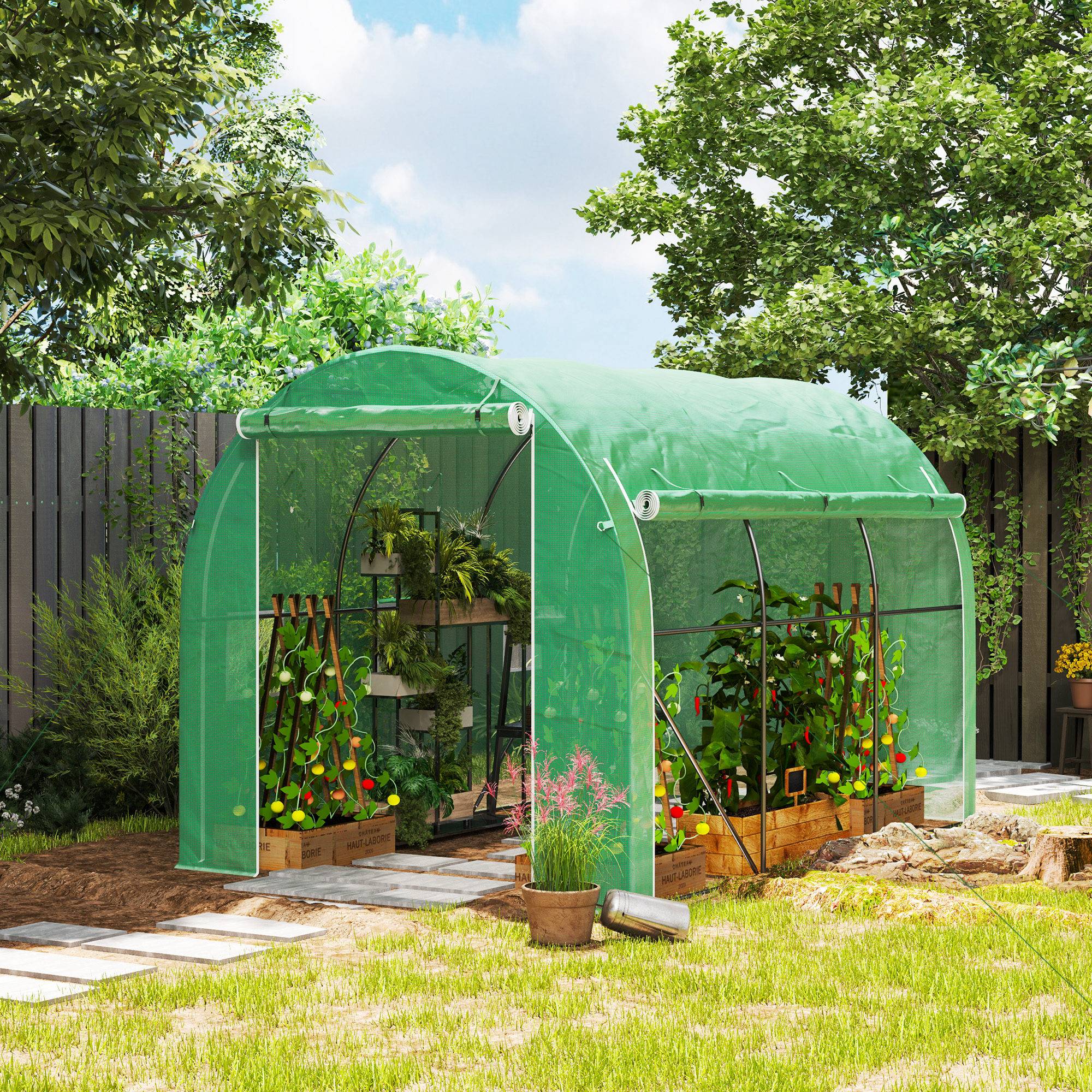 Outsunny - Serre de jardin 3x2m 6m² 1 porte, 2 parois latérales zippées enroulables, 6 fenêtres acier galvanisé PE haute densité 140g/m² Anti-UV vert - Outsunny - Image 4