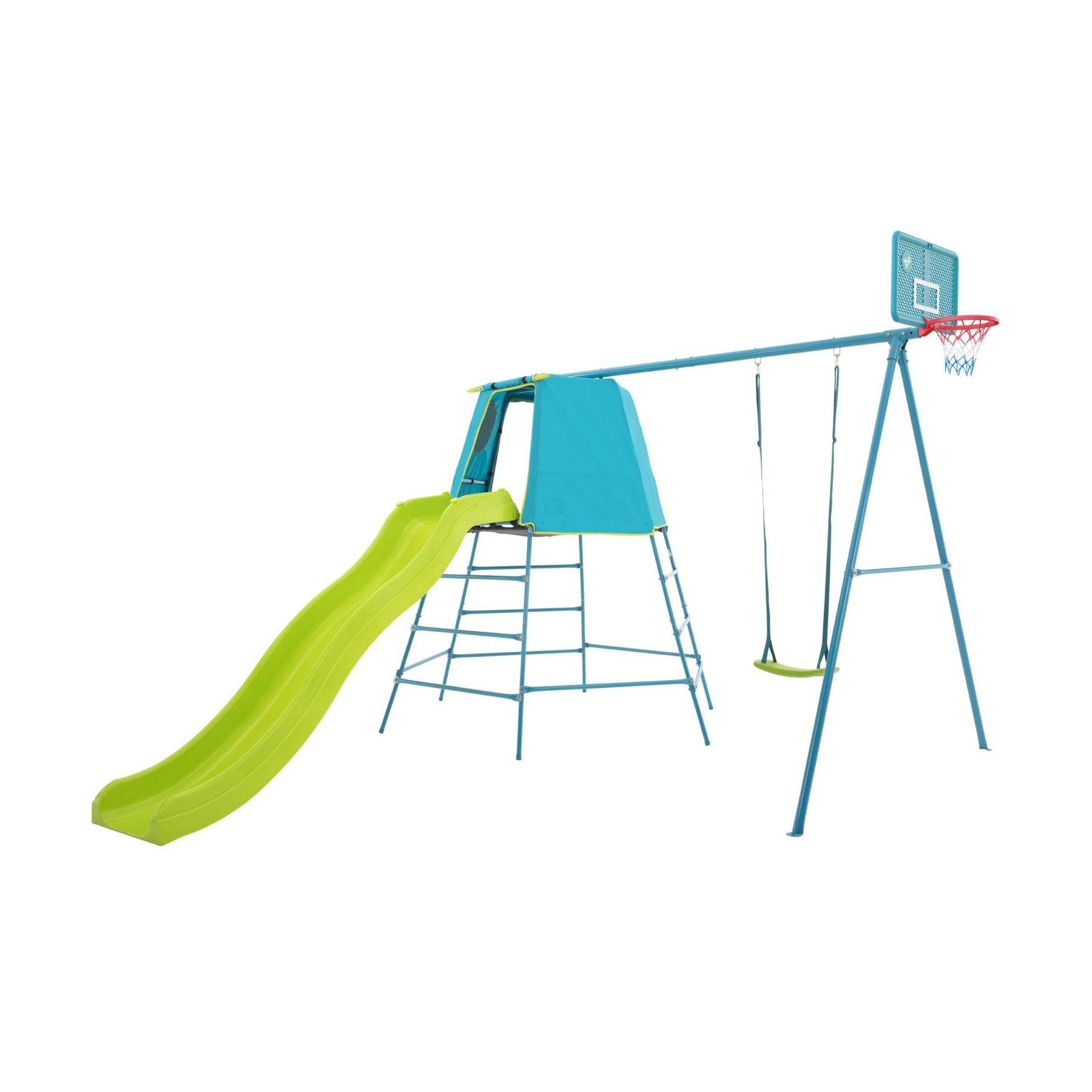 Tp Toys - Aire de jeux balançoire, toboggan et panier de basket - métal bleu - H246 cm - EXPLORER TOUR - Image 9