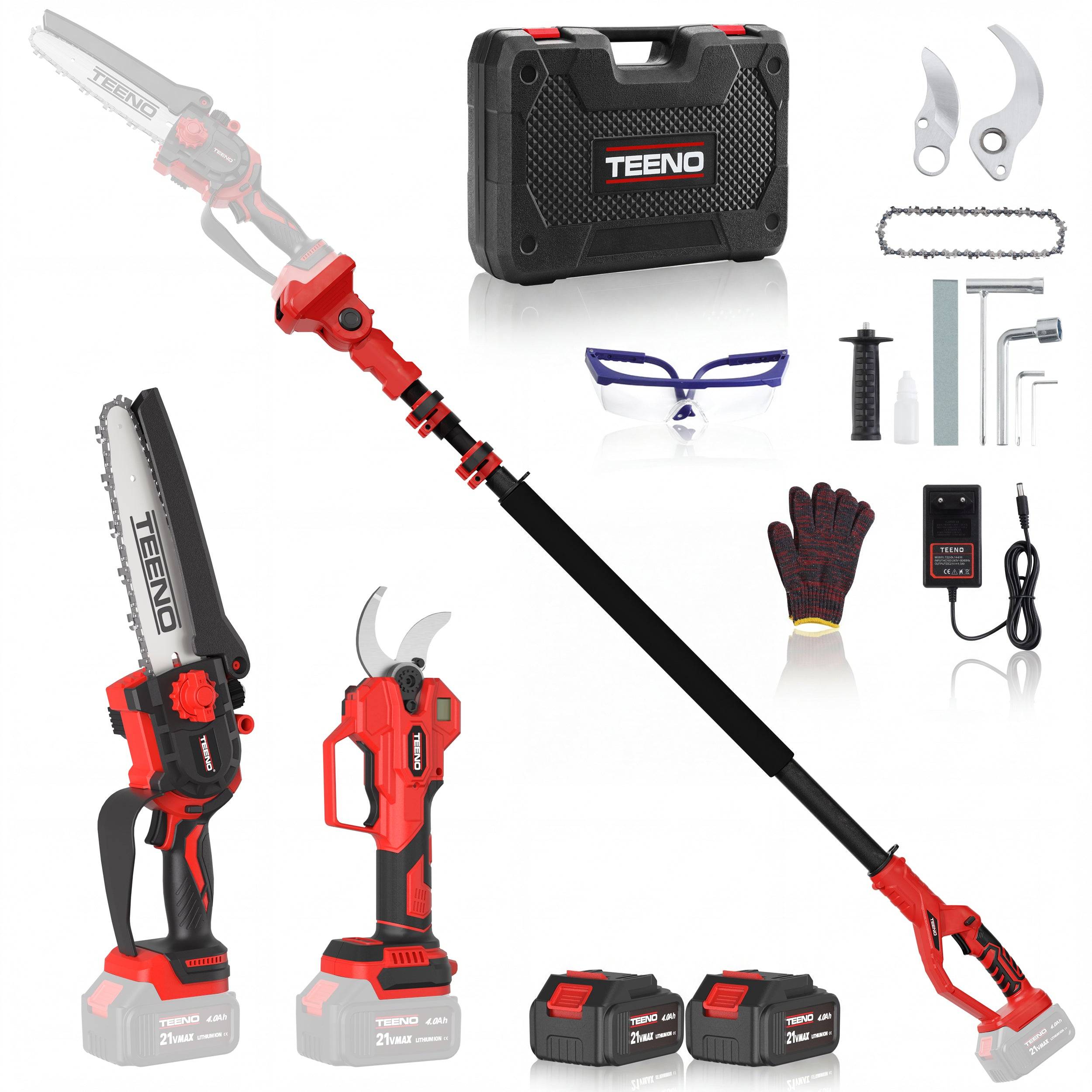 Teeno - Ensemble jardinage 4‑en‑1, sécateur 40 mm, mini tronçonneuse 6 pouces, perche télescopique 160‑280 cm, 2 batteries 4,0 Ah, angle 120°