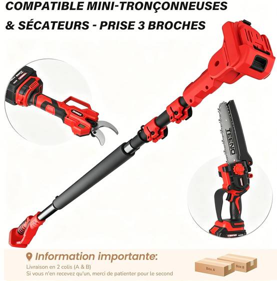 Ensemble de jardinage 4 en 1 : sécateur électrique 0-40 mm + mini tronçonneuse sans fil 6 pouces + perche télescopique 160-280 cm,2X4,0 Ah batteries, - Image 2