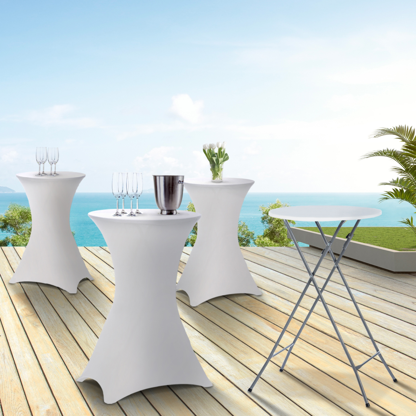 Lot de 4 tables hautes pliantes 105 cm et 4 housses blanches - Image 1