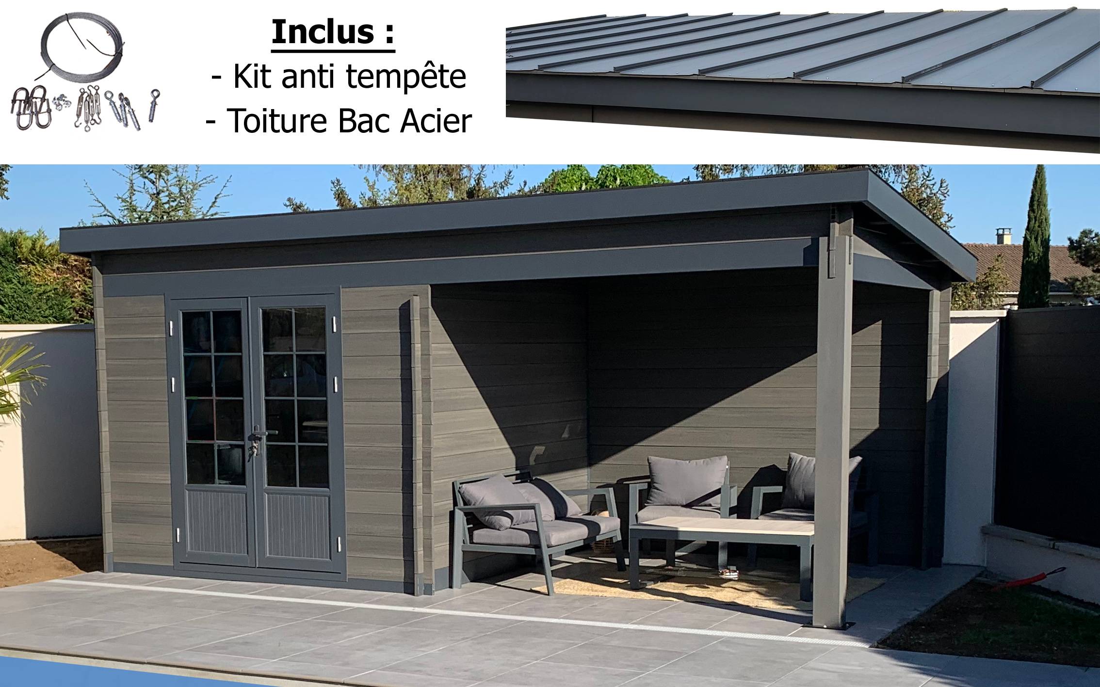 Green Outside - Abri aluminium et composite 18m² avec auvent. Toit "Plat" coloris Gris avec Bac Acier et kit anti tempête INCLUS - Image 1