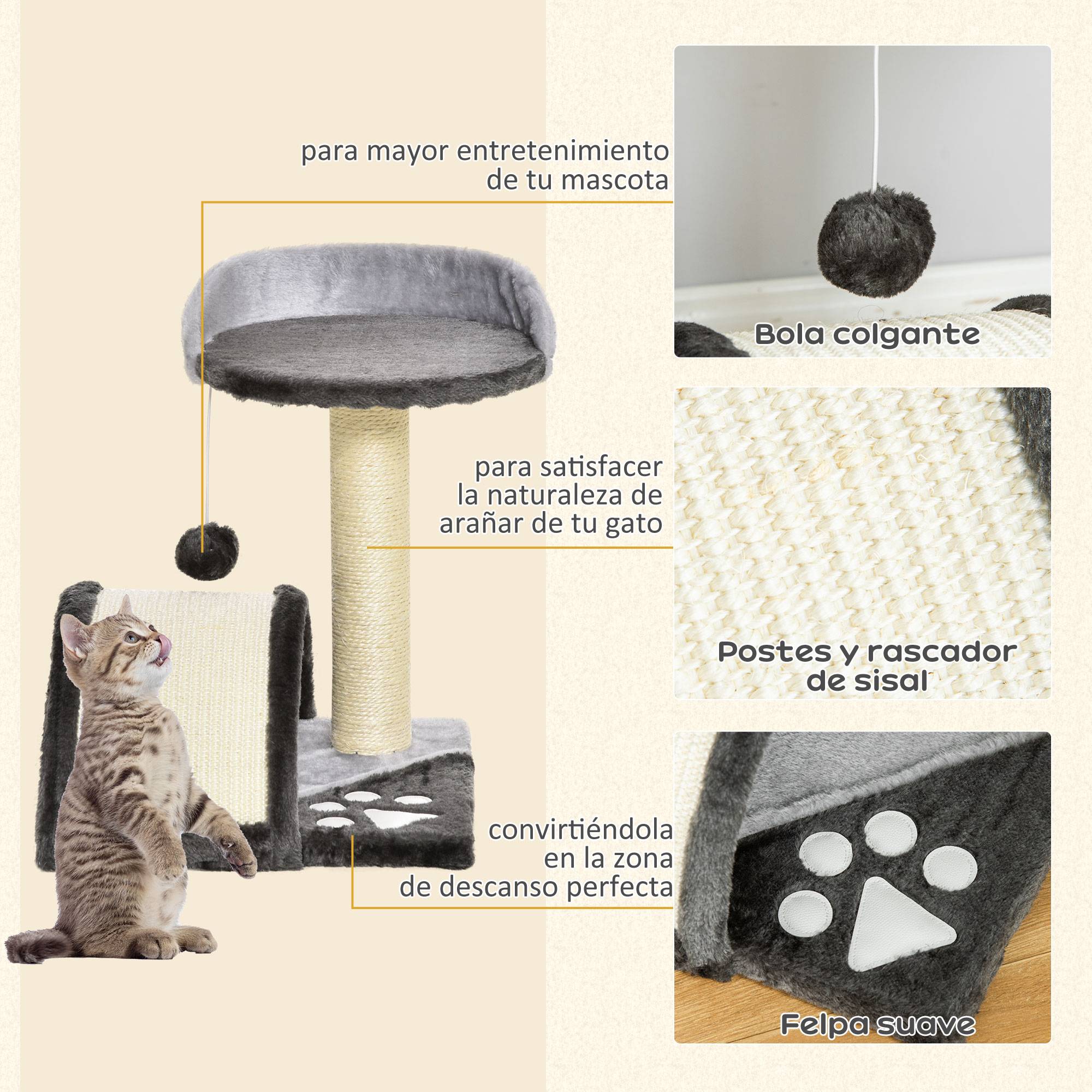Arbre à chat pour petits chats, hauteur 46 cm, avec poteau à griffer, planche, plateformes et balle, 35,5 x 37 x 46 cm, gris - Image 7