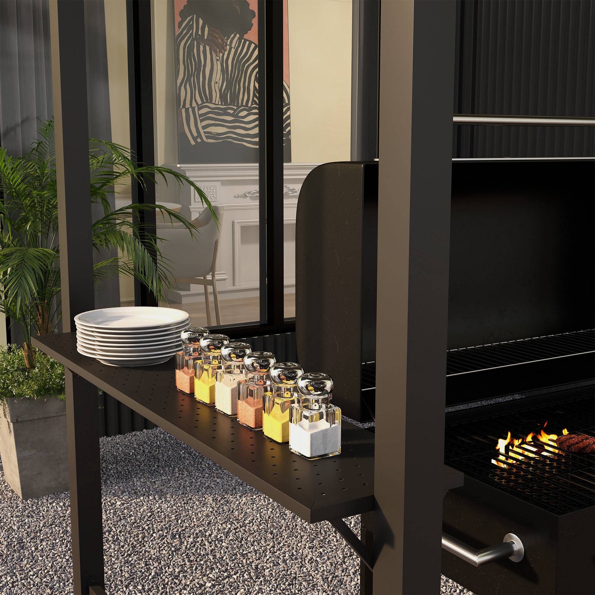 Gazebo barbecue 233x110x235 cm gris foncé acier double toit étagères anti-UV pare-vent pour fêtes - Image 8