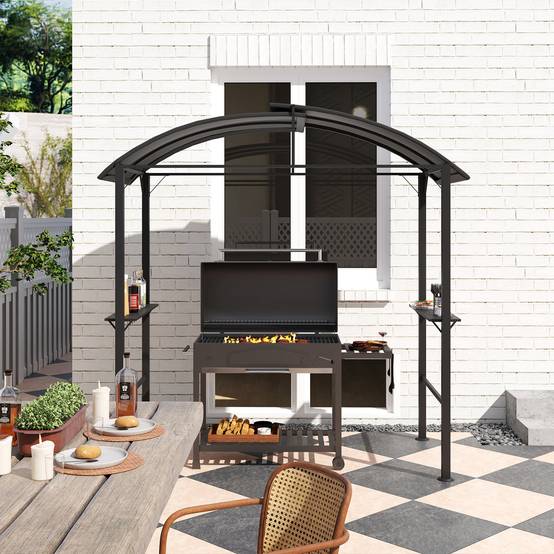 Gazebo barbecue 233x110x235 cm gris foncé acier double toit étagères anti-UV pare-vent pour fêtes - Image 7