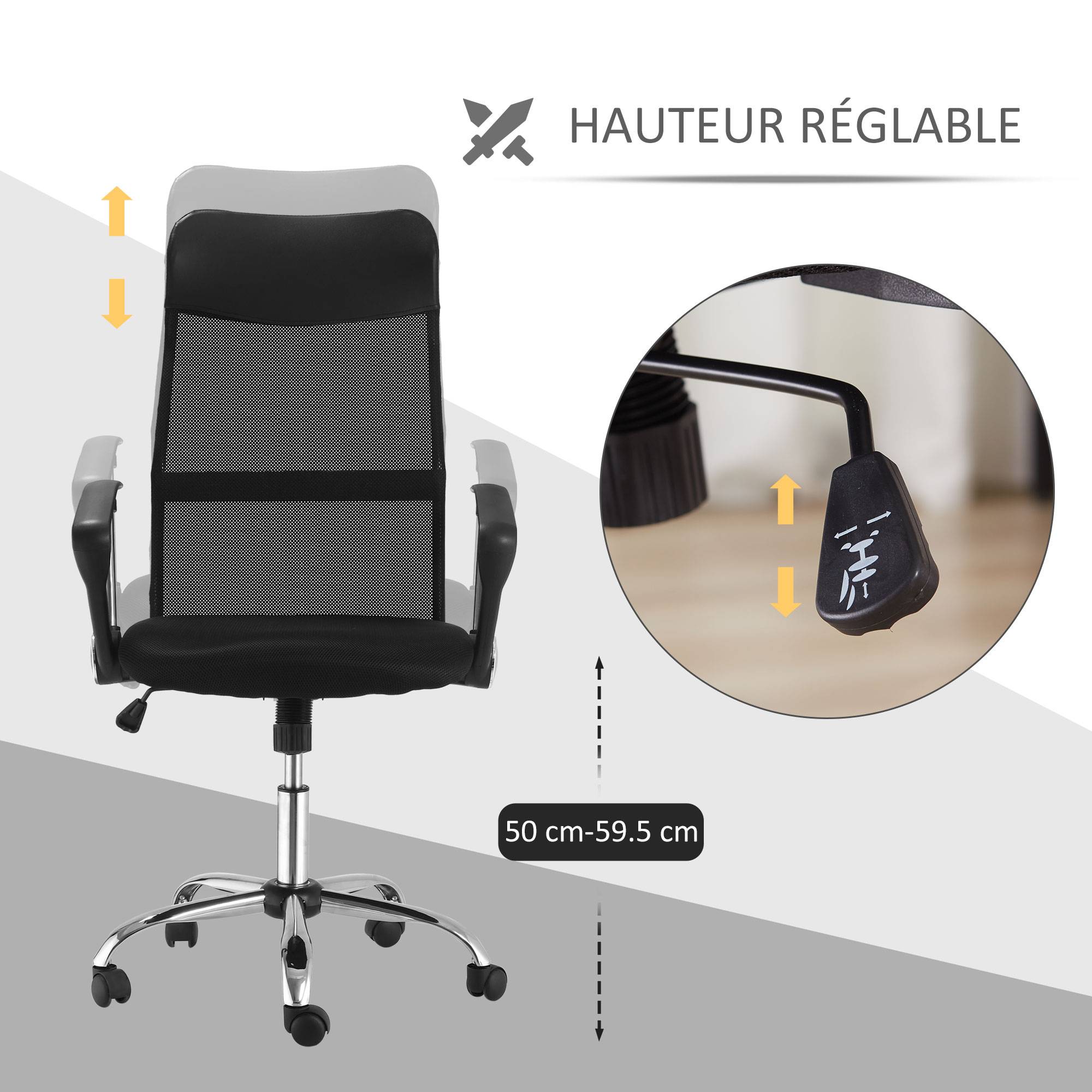 Sans Marque - Fauteuil de bureau manager grand confort dossier ergonomique hauteur assise réglable pivotant tissu maille noir - Image 5