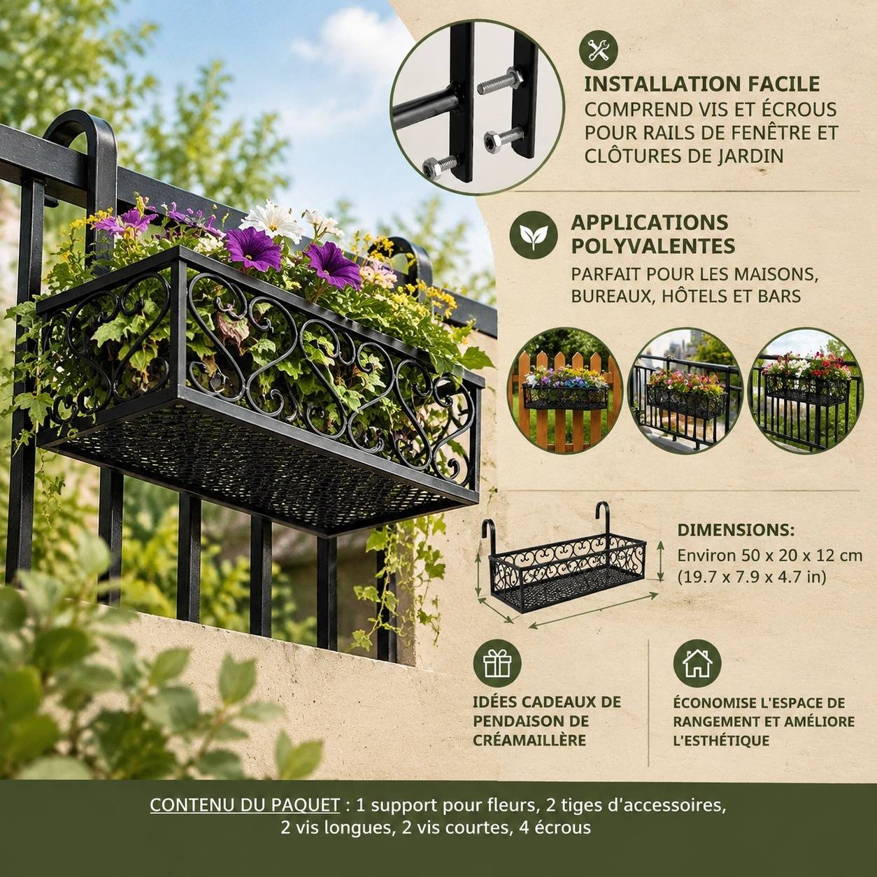 Support Solide Support Pot de Fleurs Suspendu Balcon Rampe Fer Crochet Amovible Décoration Jardin - Image 3