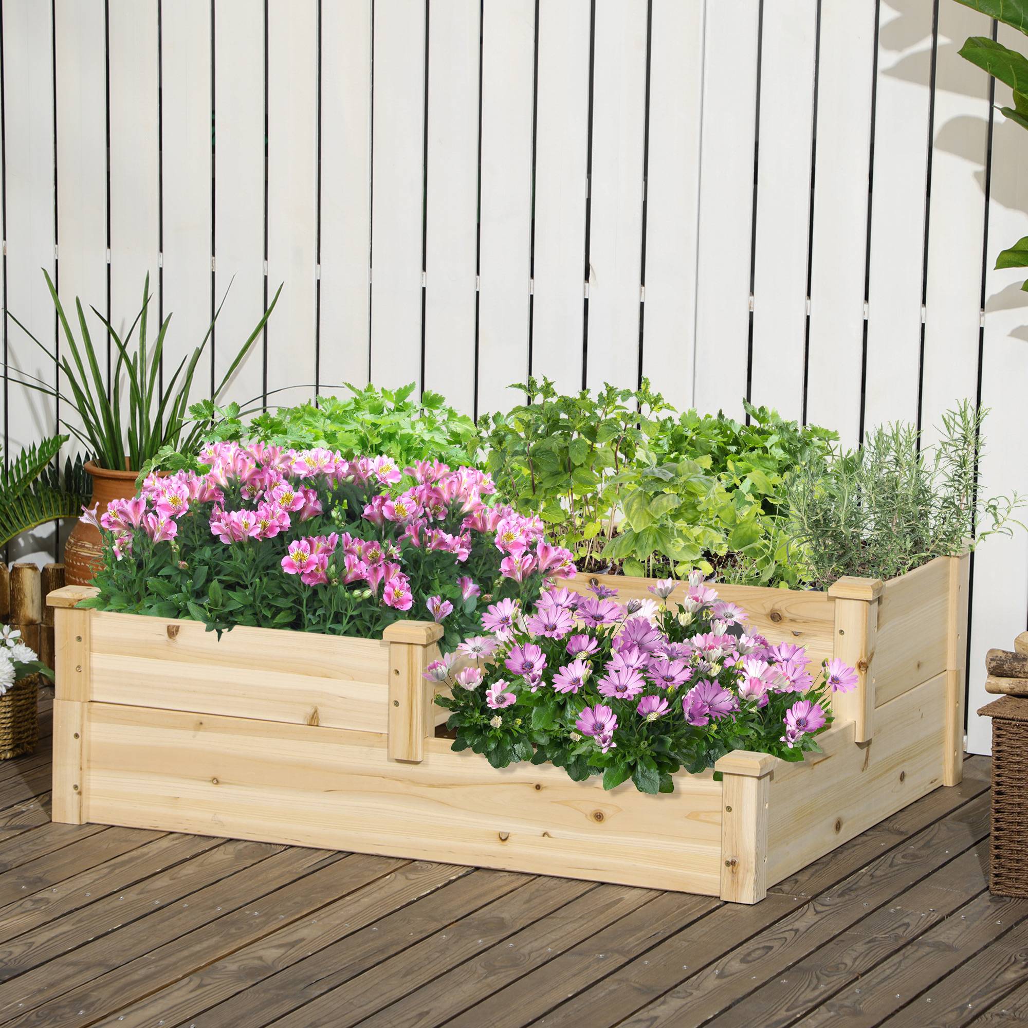Sans Marque - Hochbeet 3 Pflanzkästen 3 stufiges Design offener Boden 108x88x36 cm Naturel - Image 4
