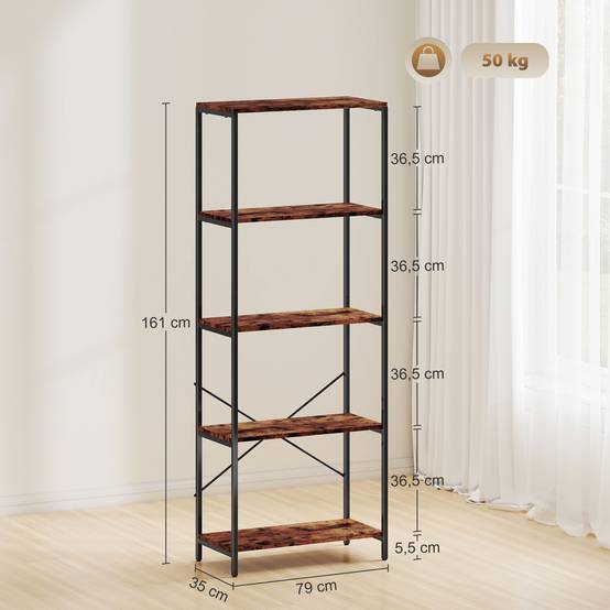 Étagère à livres, 5 tablettes, métal, surface en mélamine, marron - Image 5