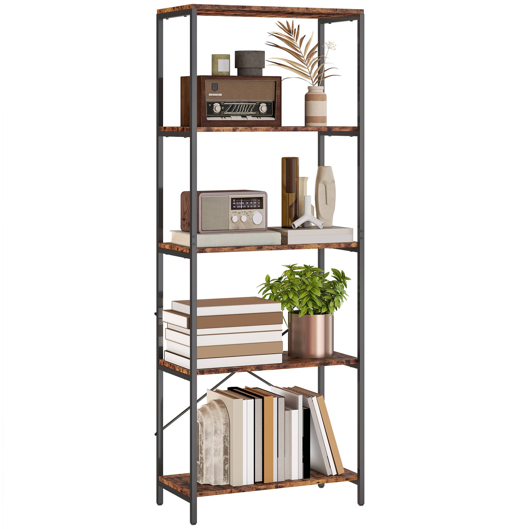 Étagère à livres, 5 tablettes, métal, surface en mélamine, marron - Image 1