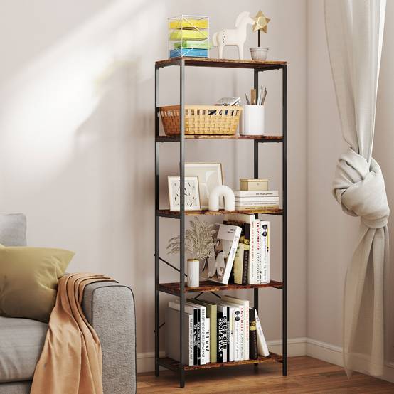 Étagère à livres, 5 tablettes, métal, surface en mélamine, marron - Image 4