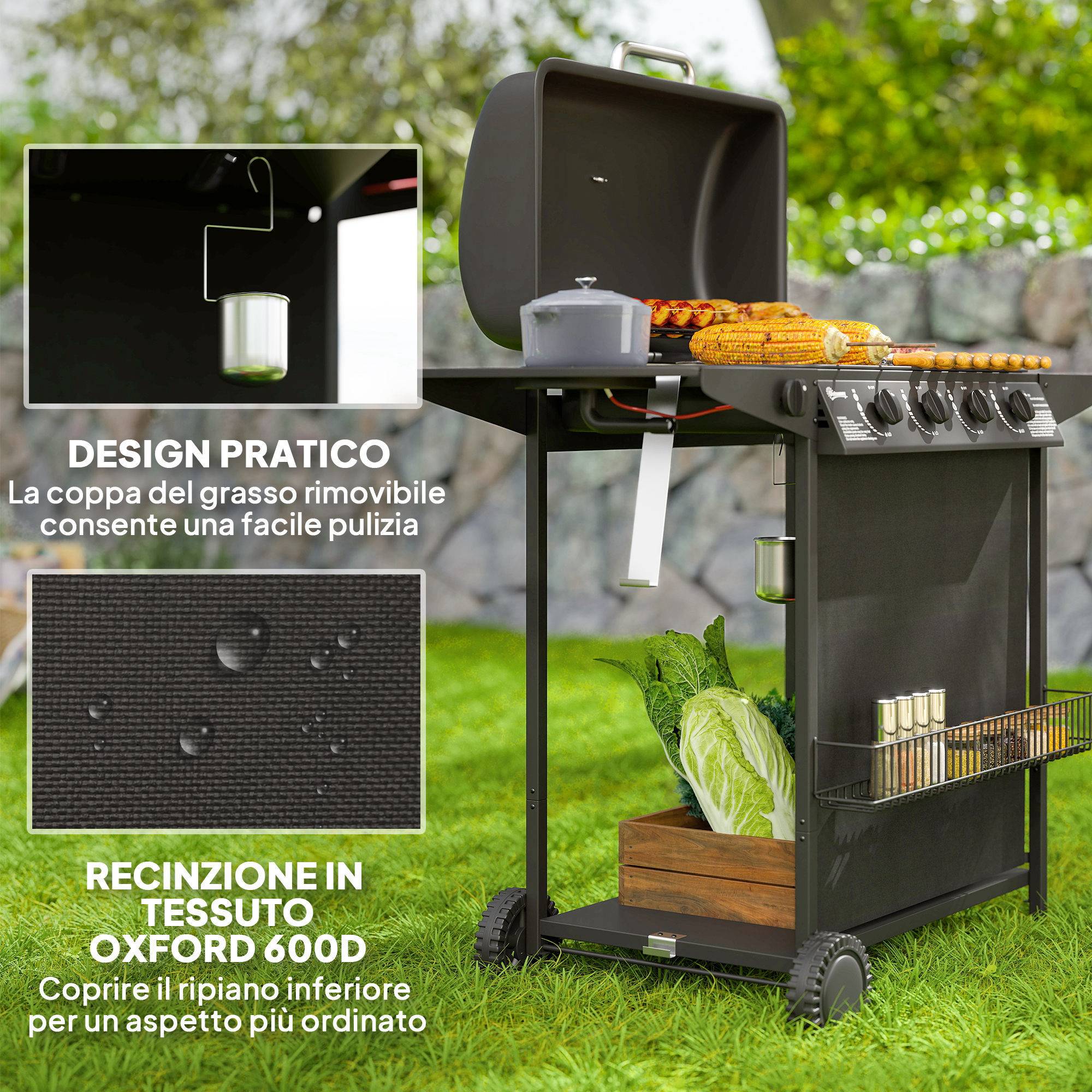 Barbecue à gaz avec 4+1 brûleurs indépendants et couvercle avec thermomètre, 121 x 54 x 97 cm, noir - Image 9