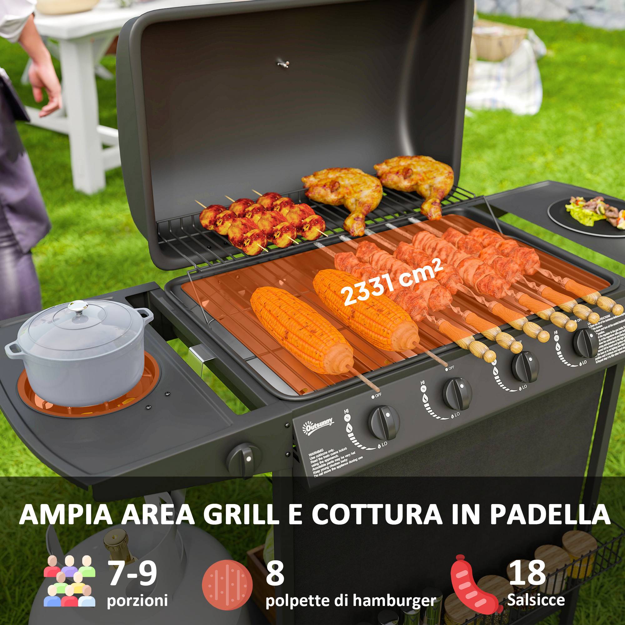 Barbecue à gaz avec 4+1 brûleurs indépendants et couvercle avec thermomètre, 121 x 54 x 97 cm, noir - Image 6