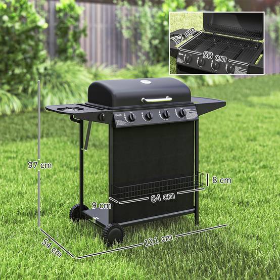 Barbecue à gaz avec 4+1 brûleurs indépendants et couvercle avec thermomètre, 121 x 54 x 97 cm, noir - Image 5