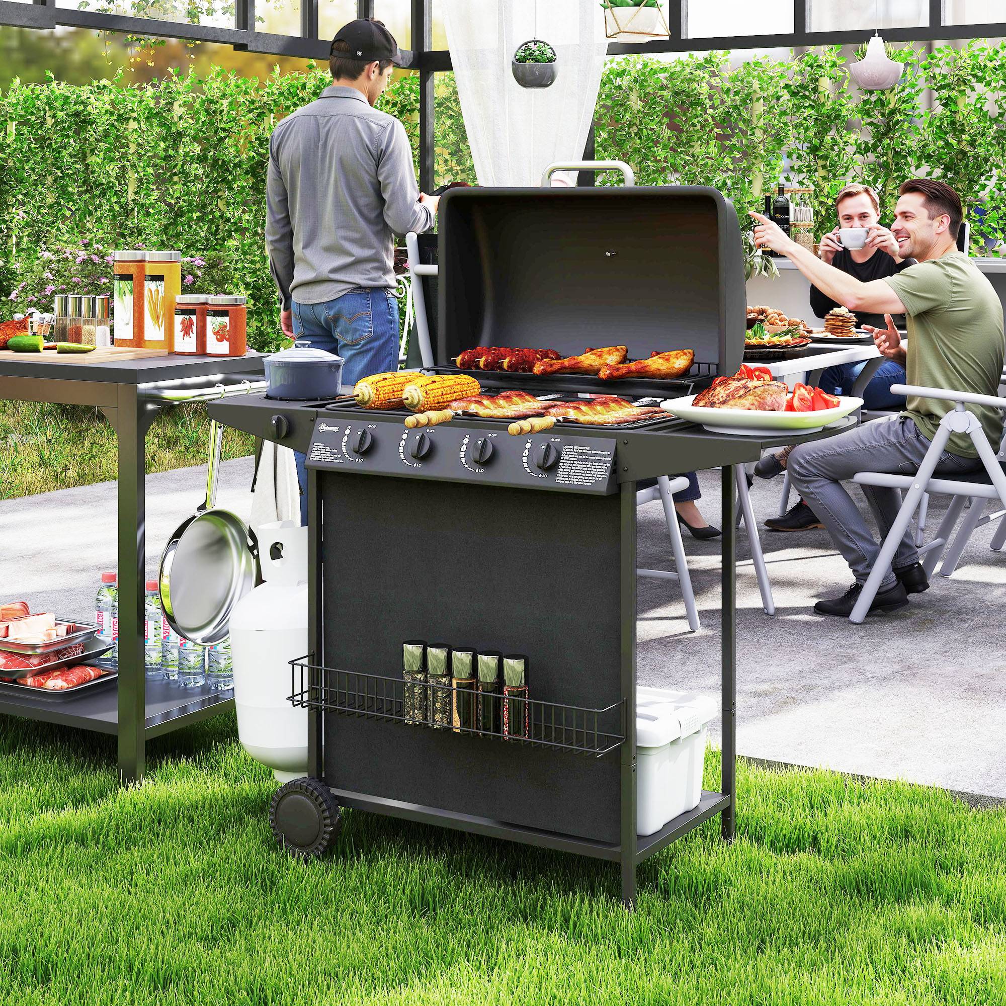 Barbecue à gaz avec 4+1 brûleurs indépendants et couvercle avec thermomètre, 121 x 54 x 97 cm, noir - Image 3