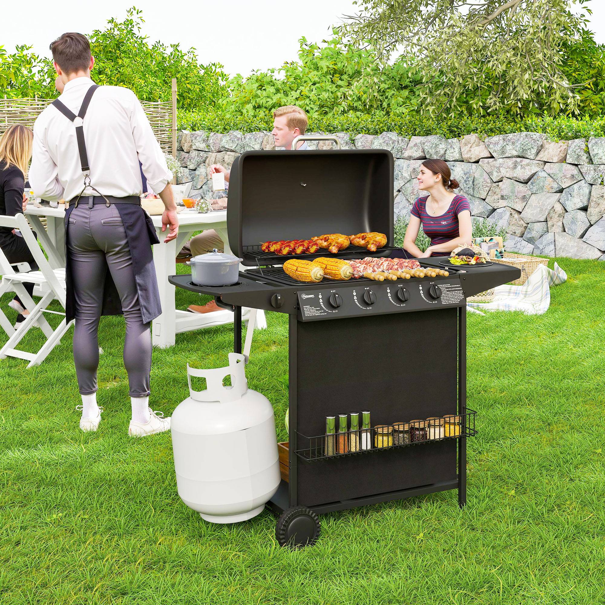 Barbecue à gaz avec 4+1 brûleurs indépendants et couvercle avec thermomètre, 121 x 54 x 97 cm, noir - Image 4
