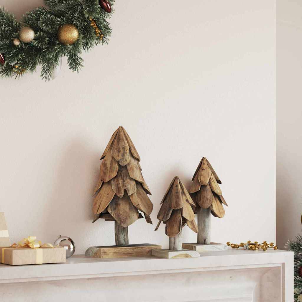 Lot de 3 sapins de Noël rustiques en bois de teck massif décoration Marron – ComfortXL Outdoor Living - Image 1