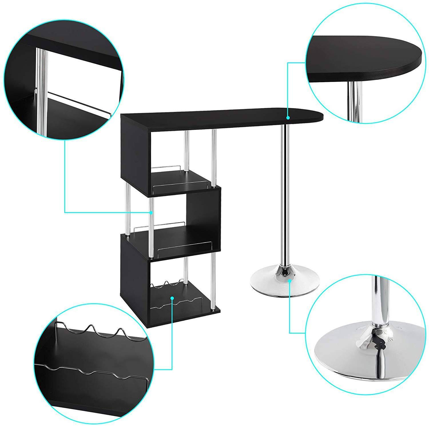 Helloshop26 - Table de bar moderne avec trois espaces d'étagères MDF et métal noir - Image 2