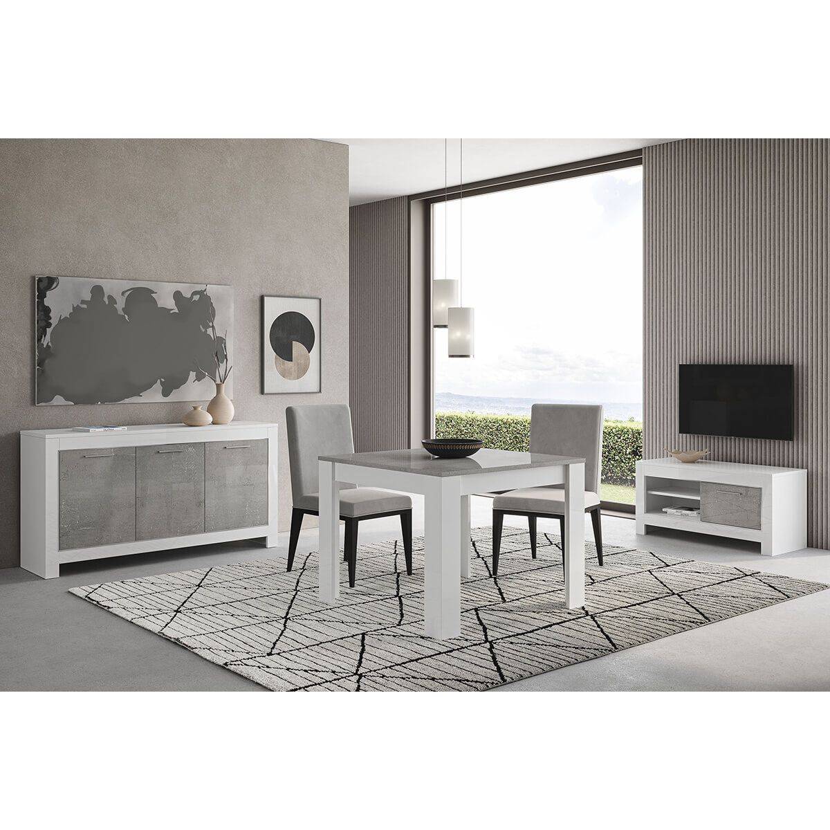 Ensemble Salon Séjour Blanc et Gris Marbré Meuble TV + Buffet 3 Portes + Table 100cm - DENAE - Image 1