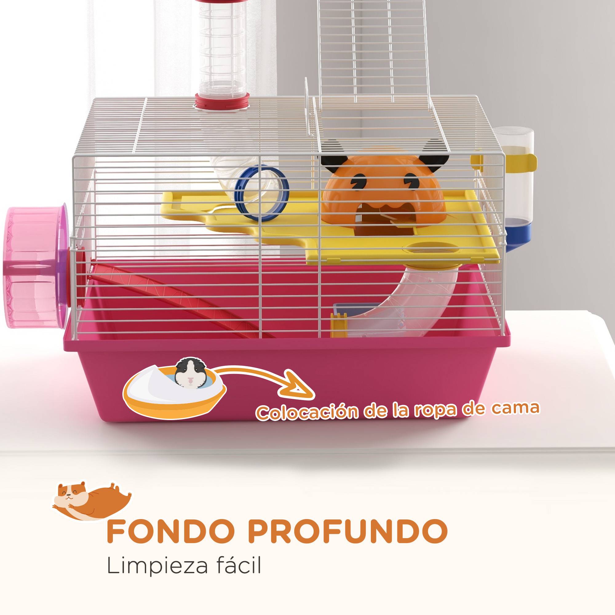 Cage pour hamster avec gamelle d'eau, roue d'exercice, tour d'observation et maisonnette 34x27x25 cm Rose - Image 8
