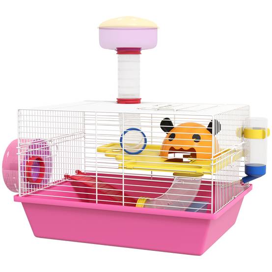 Cage pour hamster avec gamelle d'eau, roue d'exercice, tour d'observation et maisonnette 34x27x25 cm Rose - Image 2