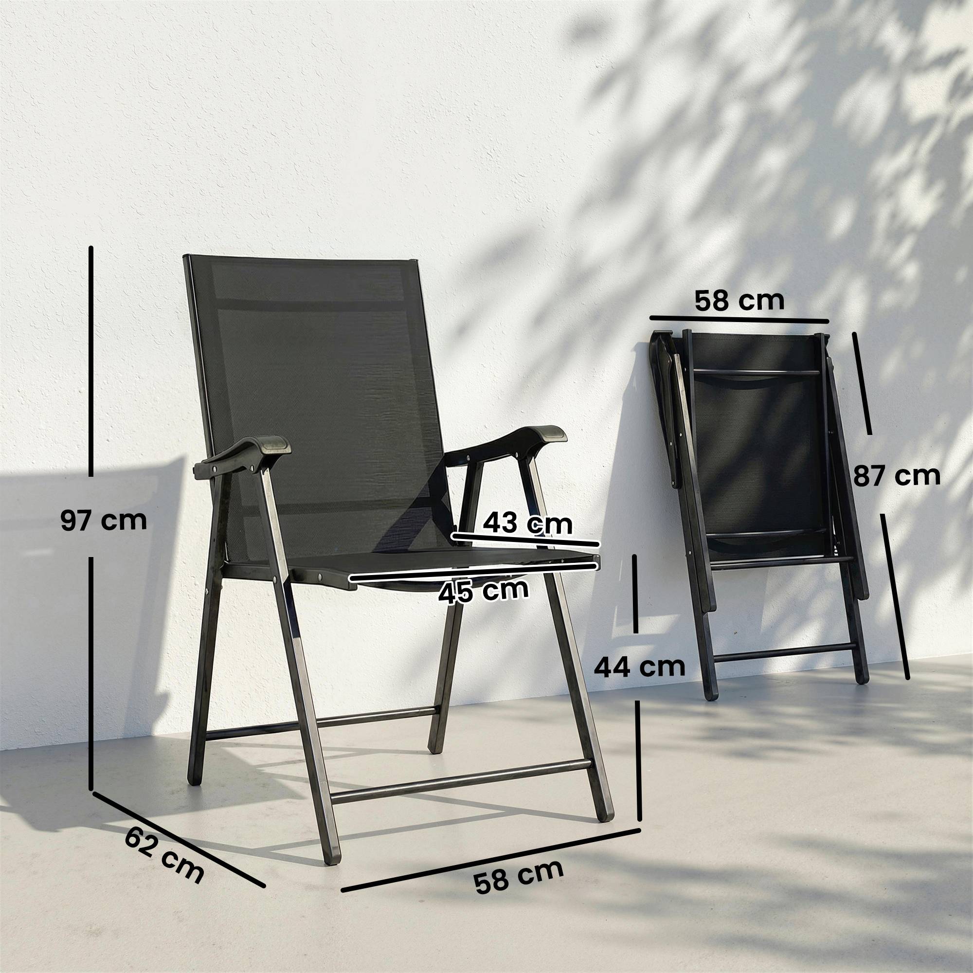 Ensemble de 2 chaises de jardin pliantes avec dossier haut et accoudoirs, acier, Textline, 58 x 62 x 97 cm, noir - Image 5