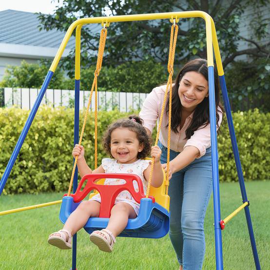 Balançoire jardin enfant réglable avec dossier et barre de protection, acier et PP, 128×155×157 cm, bleue, résistante et sécurisée - Image 9