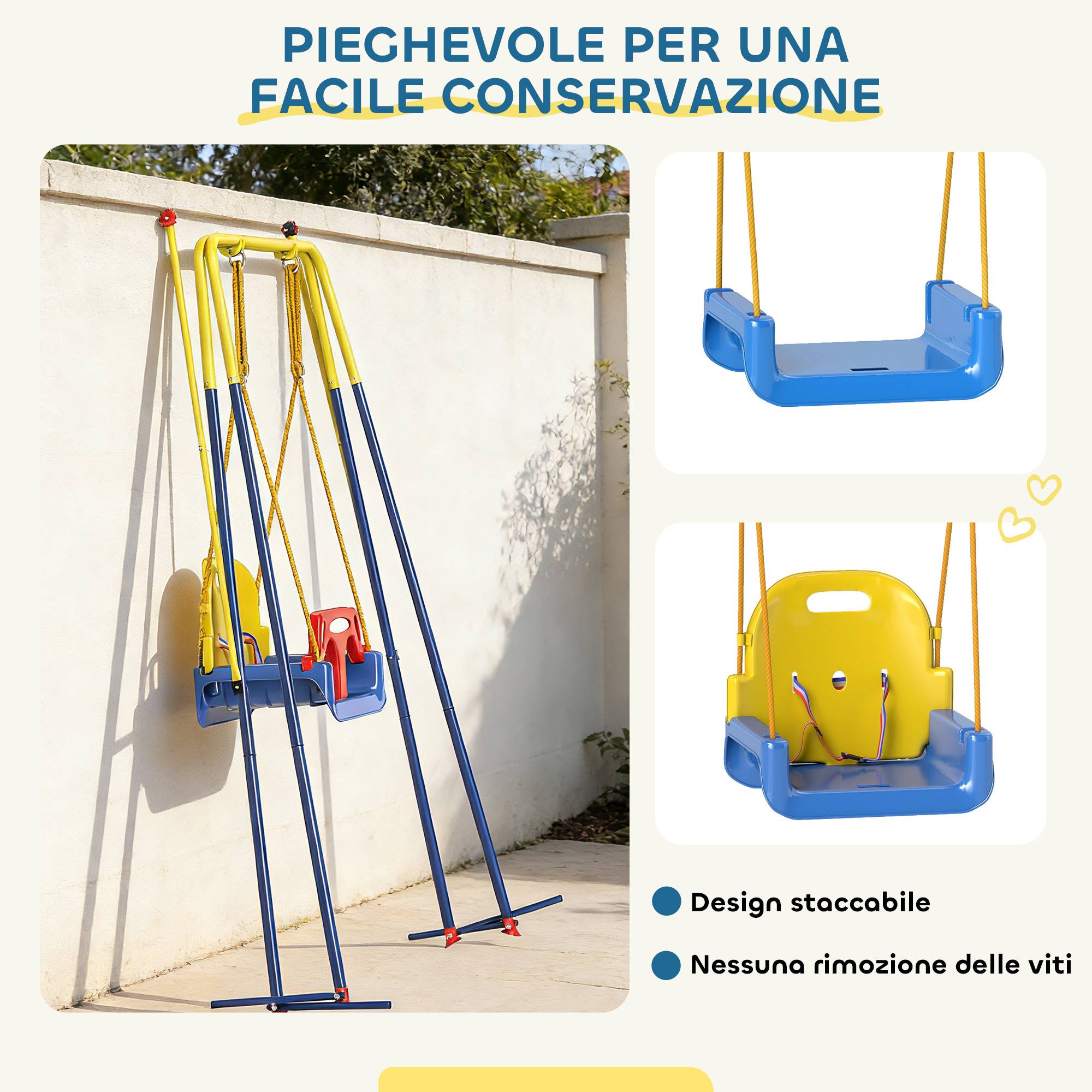 Balançoire jardin enfant réglable avec dossier et barre de protection, acier et PP, 128×155×157 cm, bleue, résistante et sécurisée - Image 8