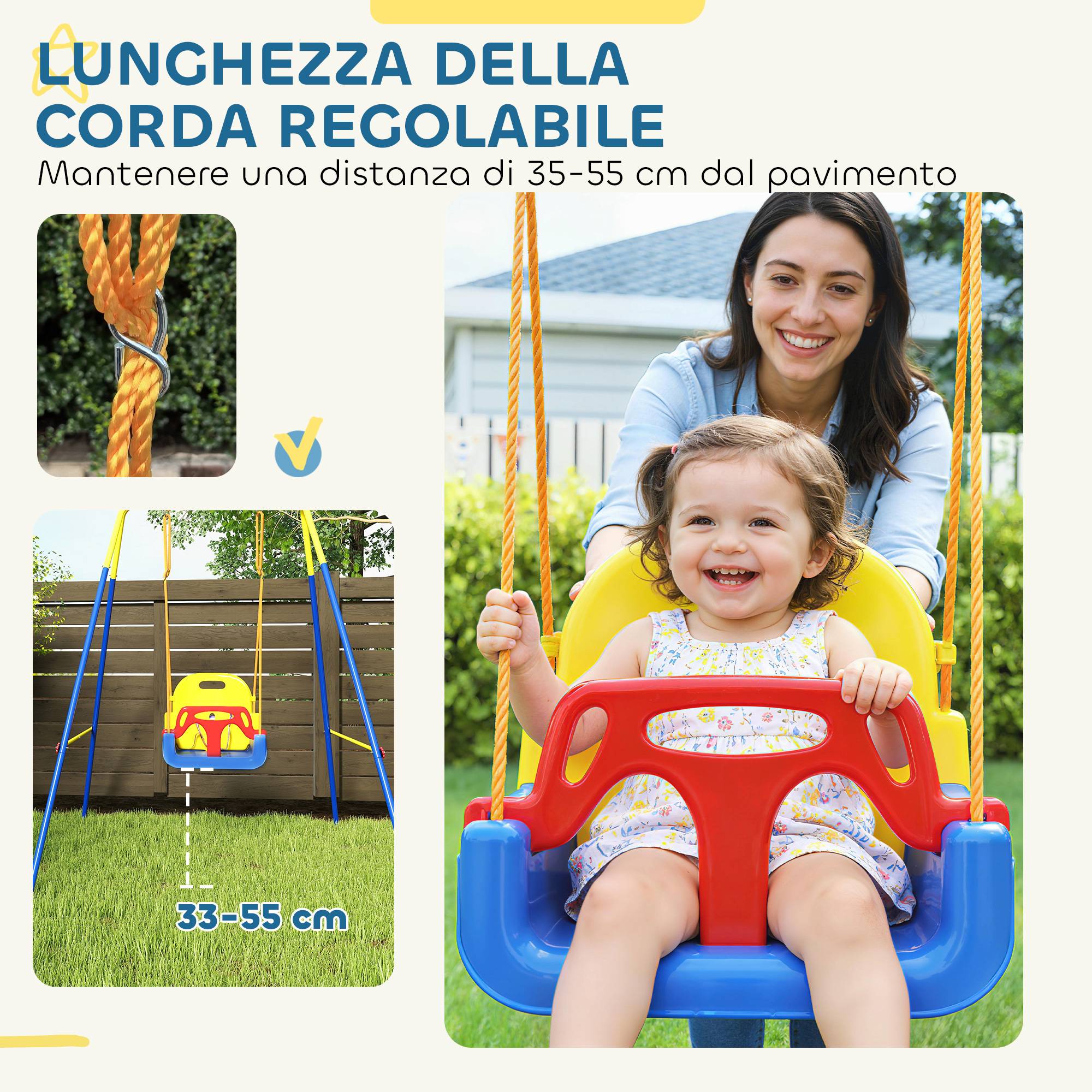 Balançoire jardin enfant réglable avec dossier et barre de protection, acier et PP, 128×155×157 cm, bleue, résistante et sécurisée - Image 5