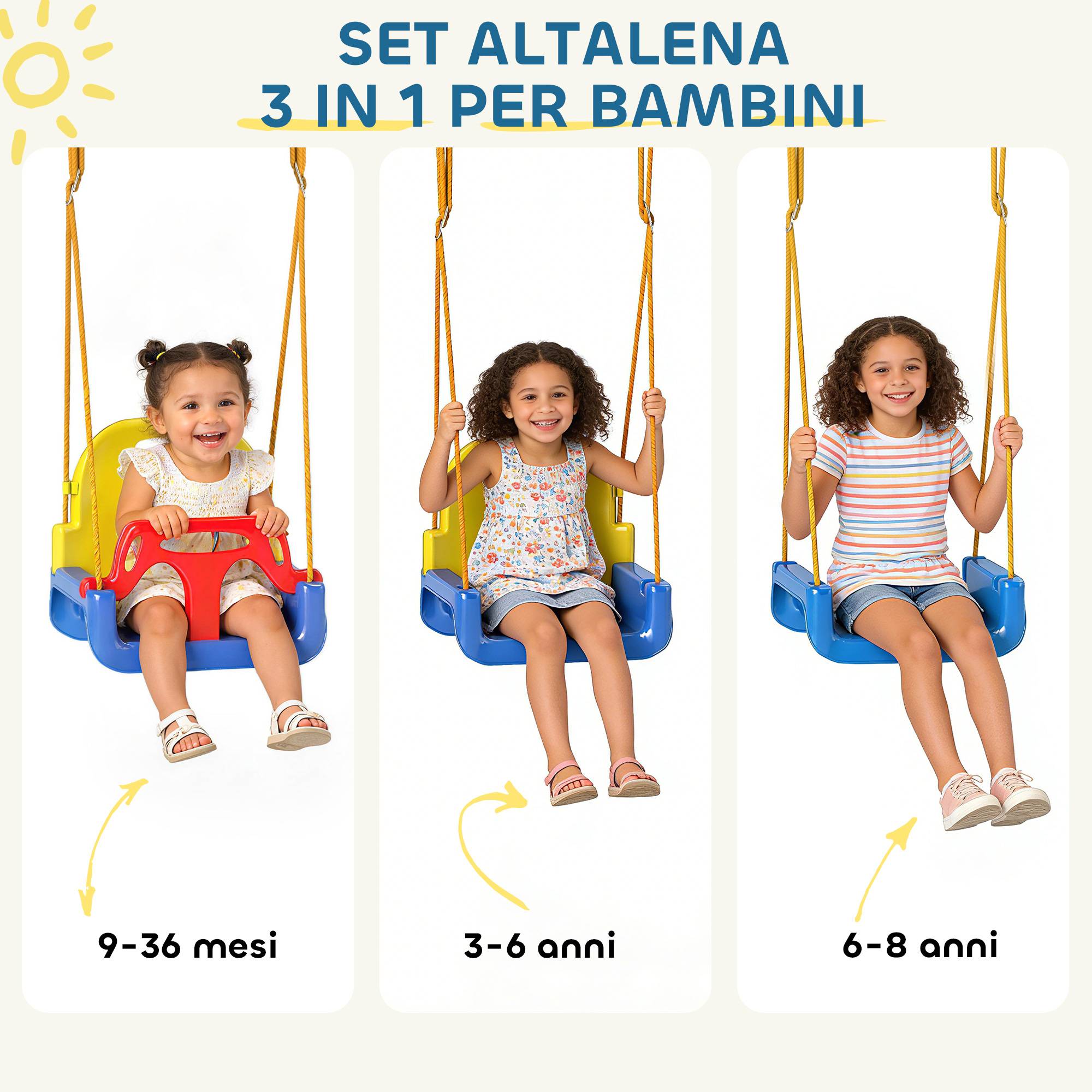 Balançoire jardin enfant réglable avec dossier et barre de protection, acier et PP, 128×155×157 cm, bleue, résistante et sécurisée - Image 4