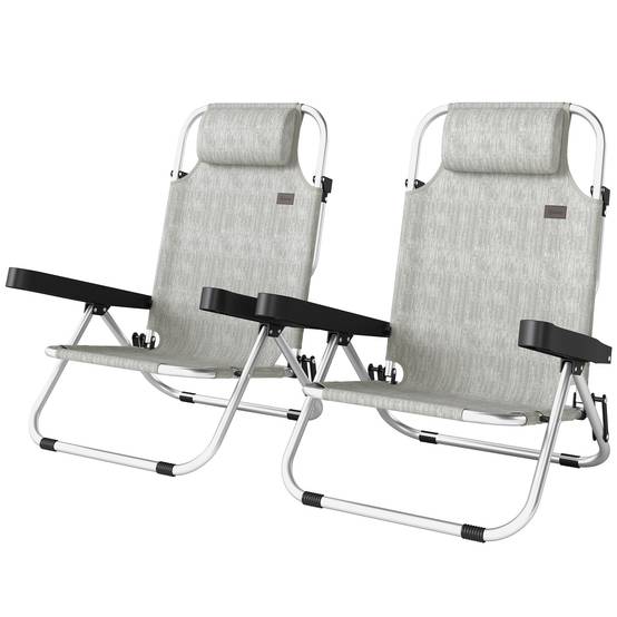 Lot de 2 chaises longues pliantes et inclinables 4 positions avec appui-tête, aluminium, 62 x 61 x 80 cm, gris - Image 2