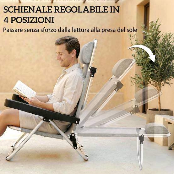 Lot de 2 chaises longues pliantes et inclinables 4 positions avec appui-tête, aluminium, 62 x 61 x 80 cm, gris - Image 6