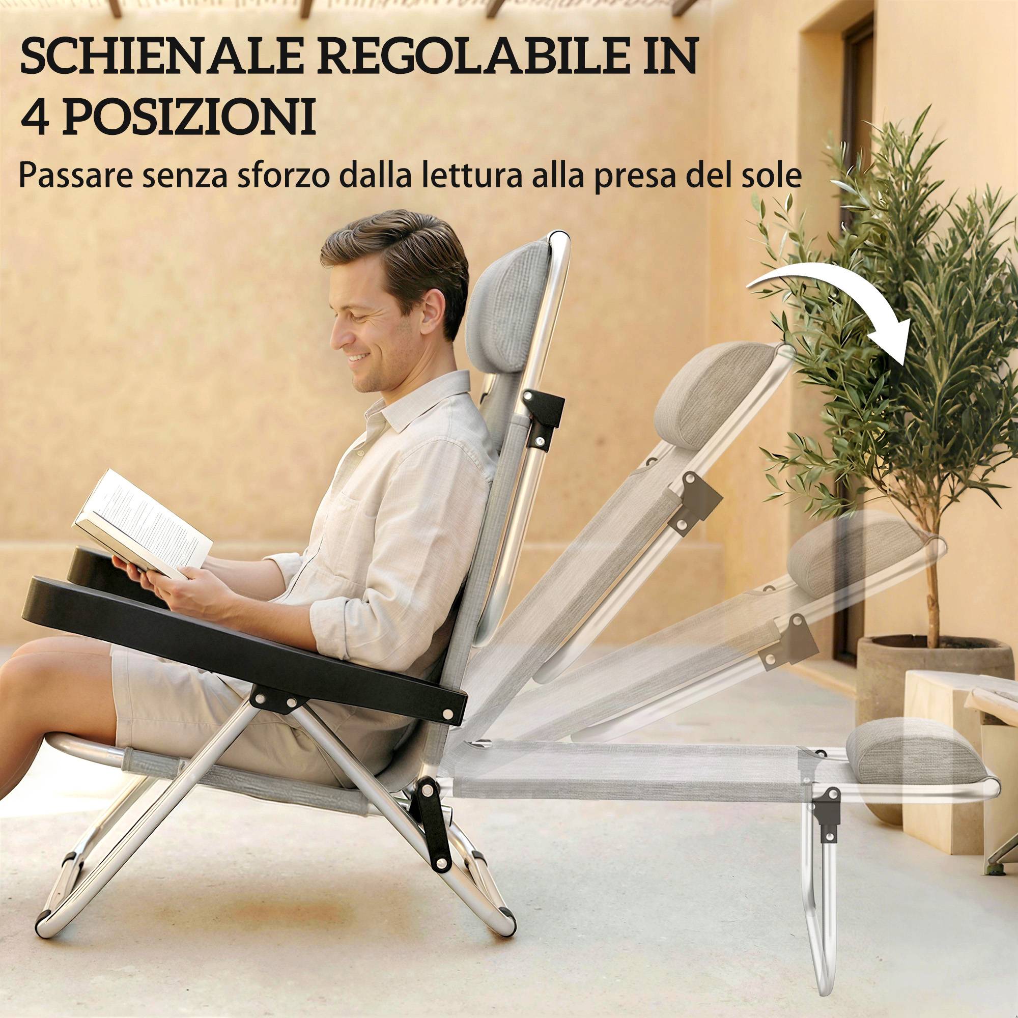 Lot de 2 chaises longues pliantes et inclinables 4 positions avec appui-tête, aluminium, 62 x 61 x 80 cm, gris - Image 6